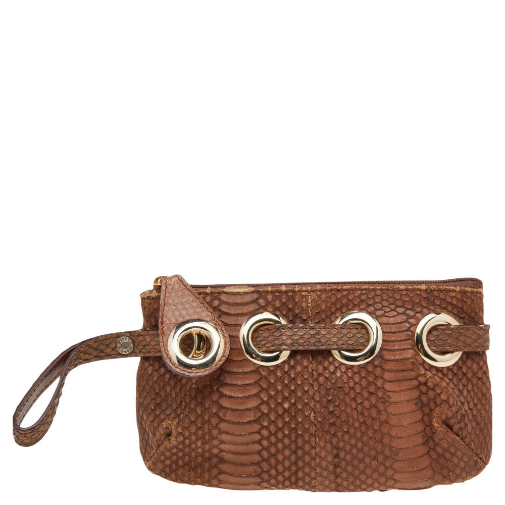 مملوكة مسبقًا Jimmy Choo Brown Python Top Zip Wristlet Clutch