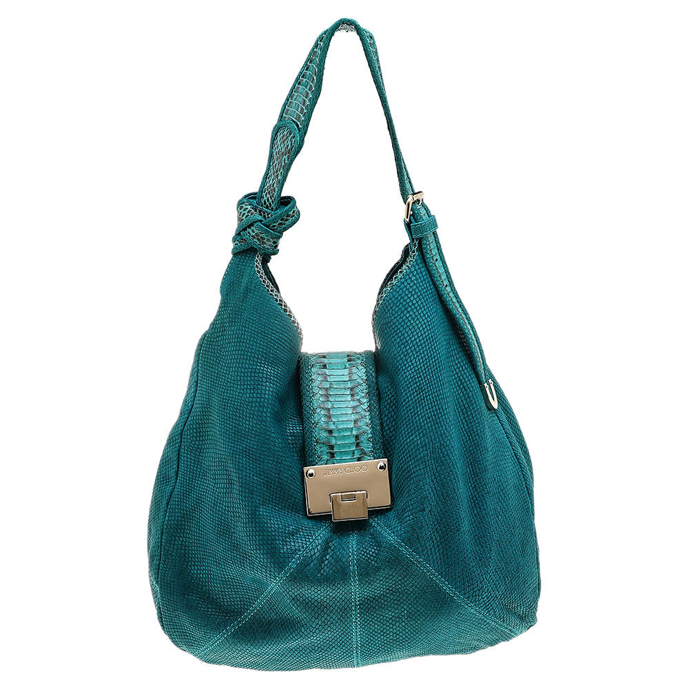 Jimmy Choo Turquoise Python Embossed Leather and Python Trim Hobo 
