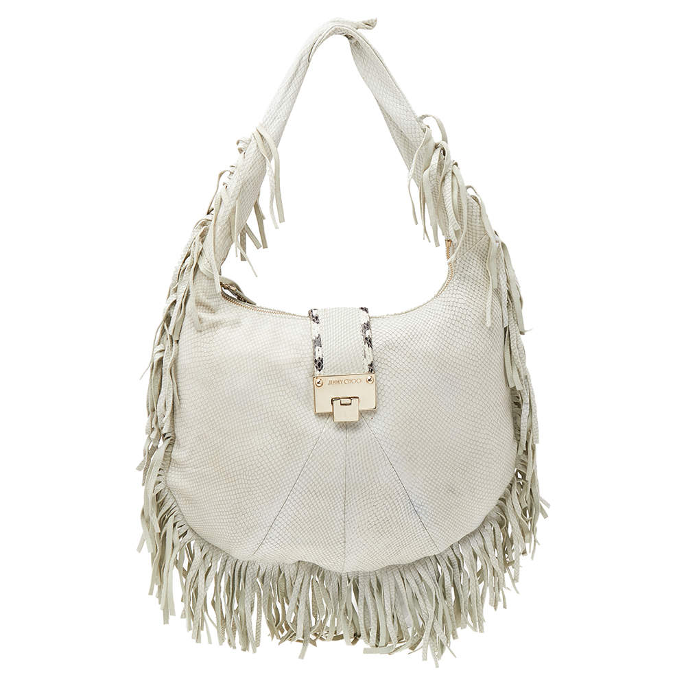مملوكة مسبقًا Jimmy Choo White Snakeskin Embossed Leather Hobo