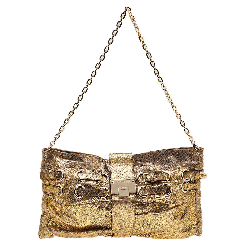 Pre Owned Jimmy Choo Gold Python Oversize Ramona Chain Clutch