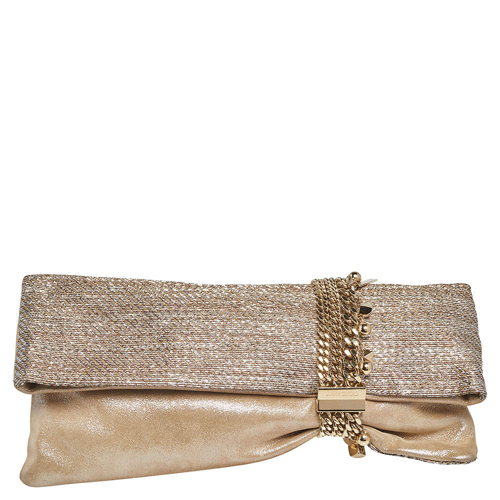 مملوكة مسبقًا Jimmy Choo Metallic Beige/Silver Lurex Fabric and Suede Chandra Embellished Clutch