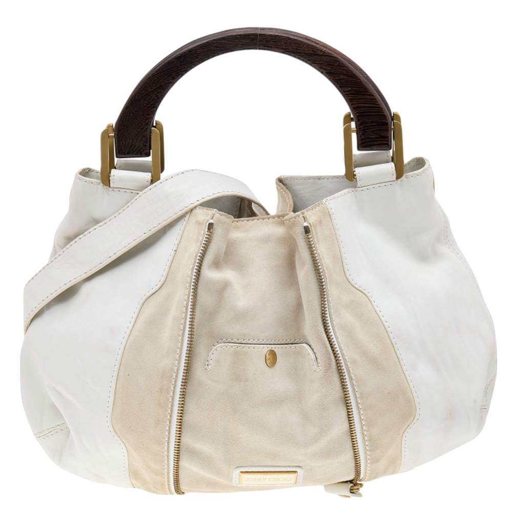 Jimmy Choo White/Light Beige Leather and Suede Maia Hobo