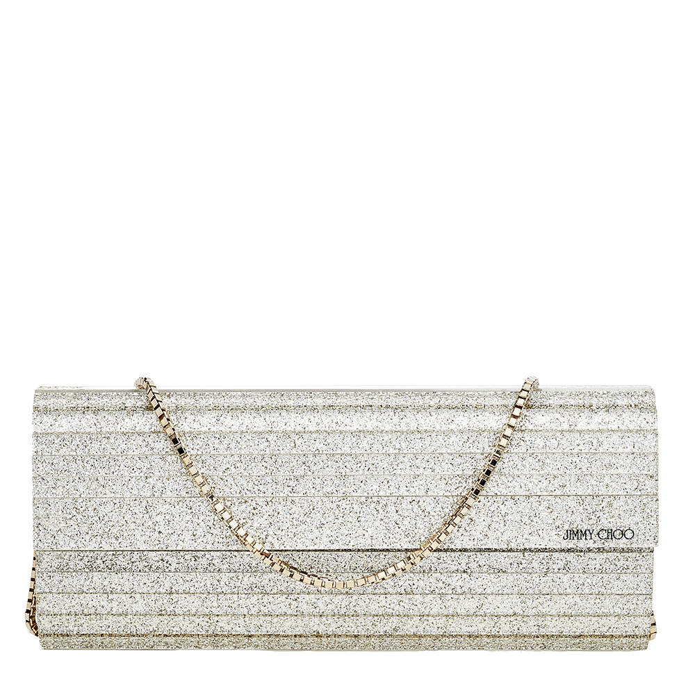 Jimmy Choo Metallic Silver Glitter Acrylic Sweetie Chain Clutch