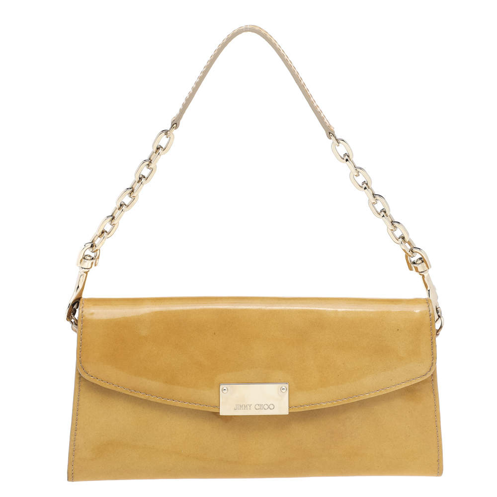 Pre Owned حقيبة كلتش جيمي تشو ريان جلد بيج لامع بسلسلة 