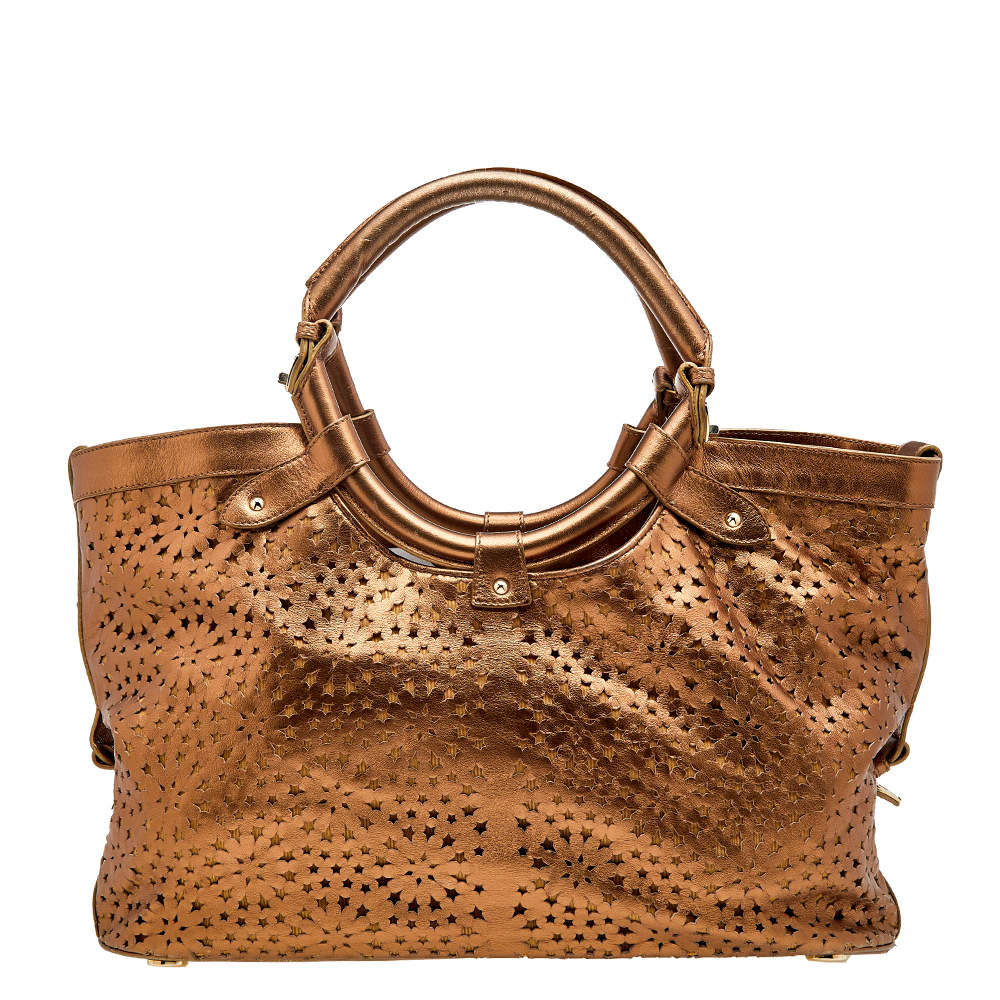 Pre Owned Jimmy Choo Metallic Bronze Leather Star Laser Cut Satchel