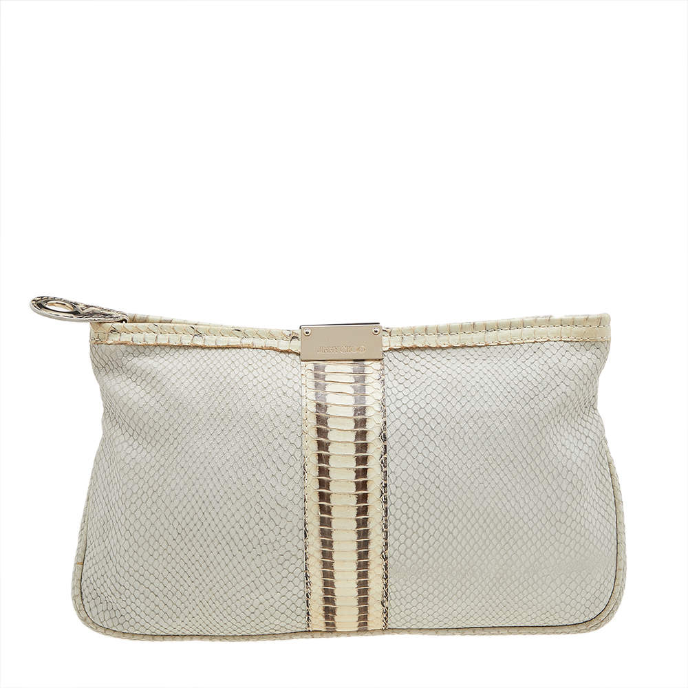 مملوكة مسبقًا Jimmy Choo Cream Snakeskin and Python Embossed Leather Clutch