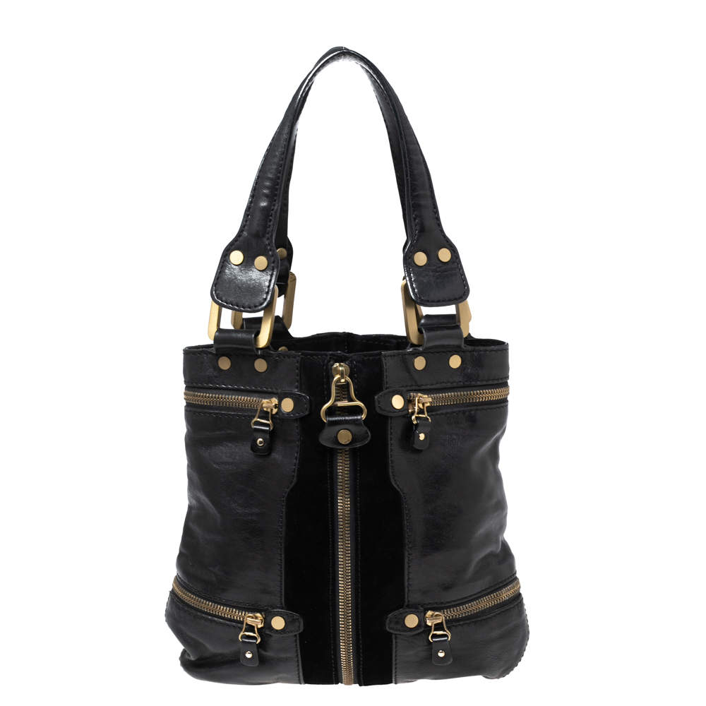 Pre Owned Jimmy Choo Black Leather And Suede Mona Tote