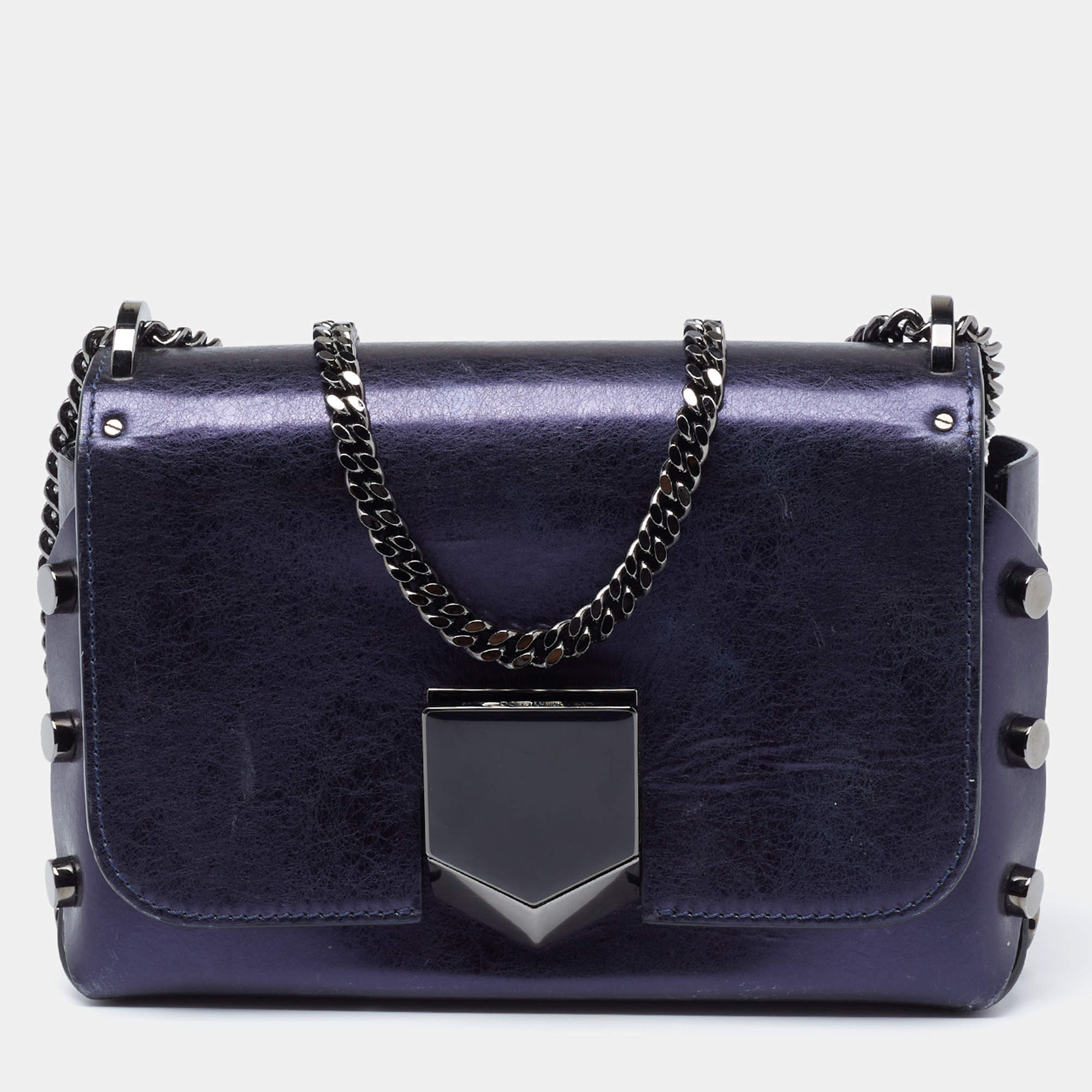 Pre Owned Jimmy Choo Metallic Navy Blue Leather Lockett City Shoulder Bag