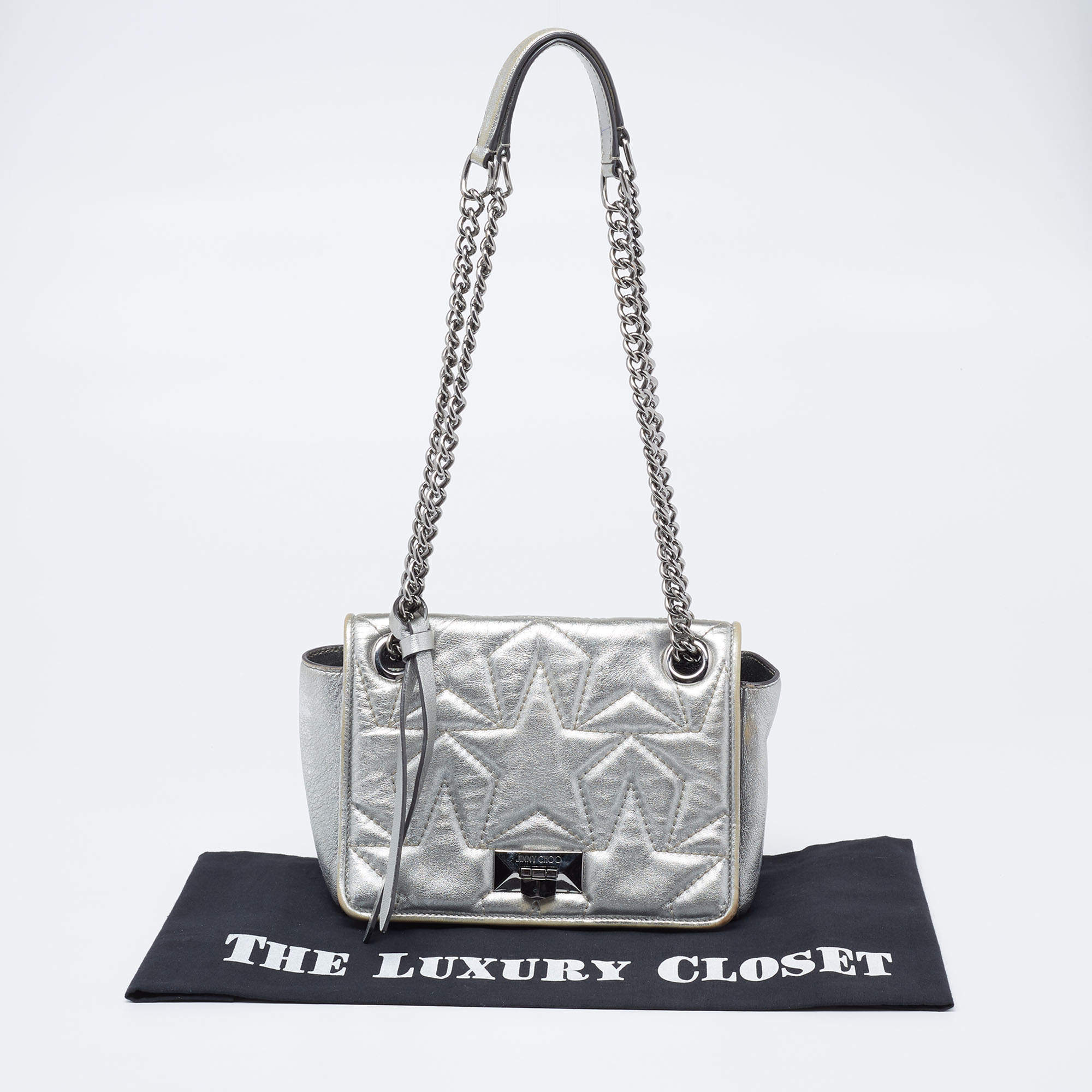 Jimmy Choo Metallic Silver Leather Star Helia Chain Shoulder Bag