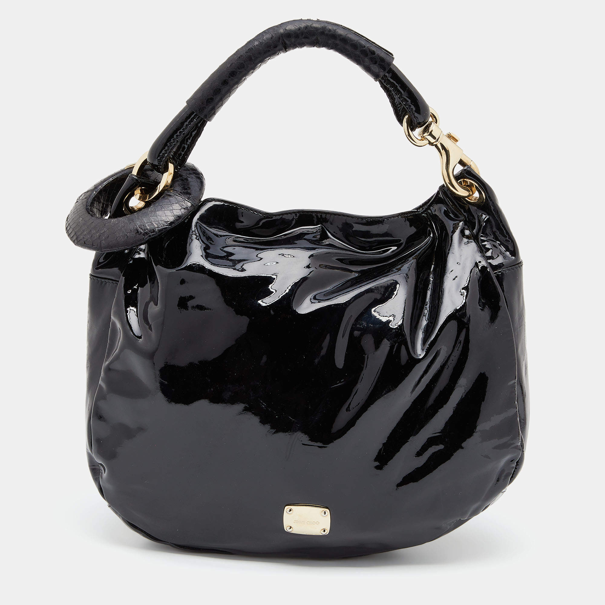 Pre Owned Jimmy Choo Black Patent Leather And Python Handle Saba Hobo