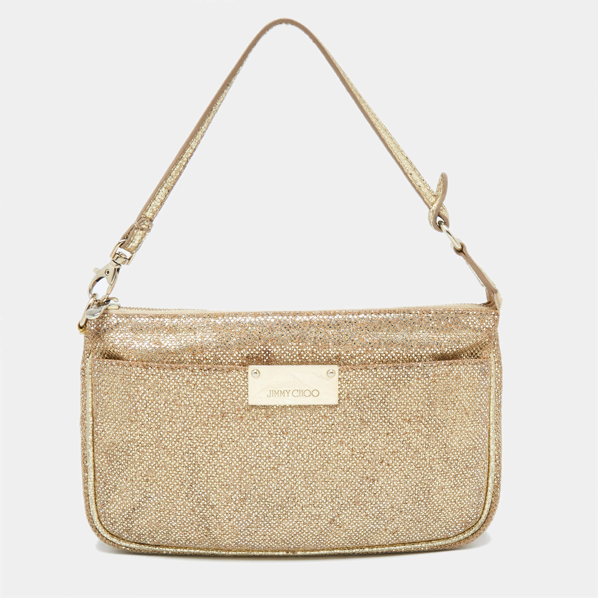 مملوكة مسبقًا Jimmy Choo Gold Glitter and Mesh Zip Wristlet Clutch Bag