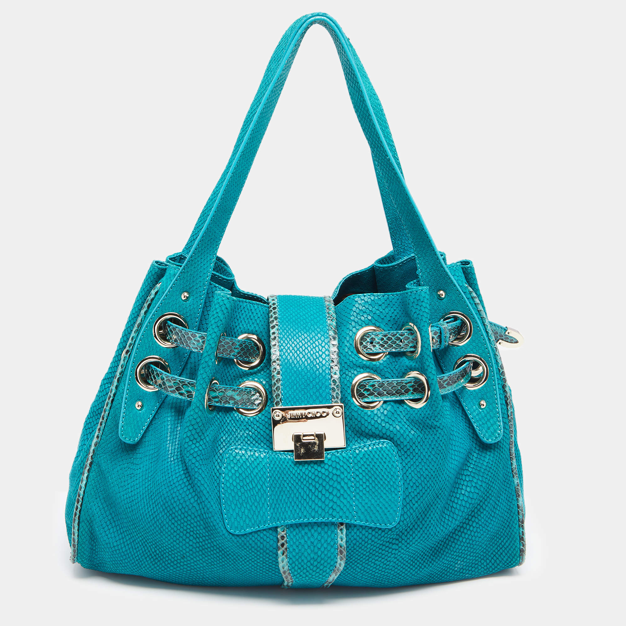 مملوكة مسبقًا Jimmy Choo Turquoise Embossed Suede and Snakeskin Trim Riki Tote
