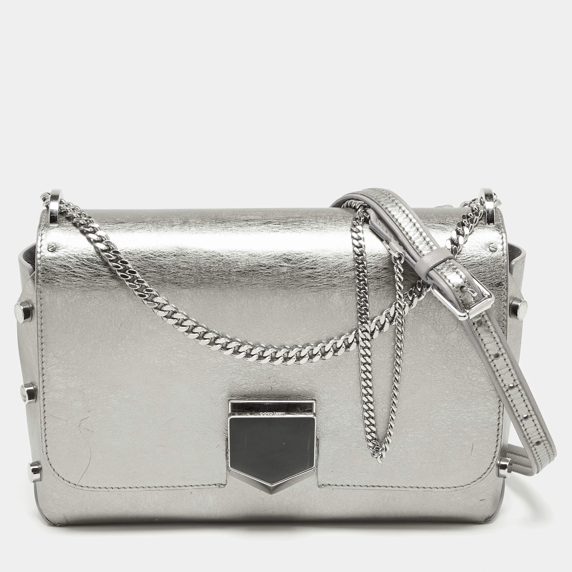 Pre Owned Jimmy Choo Metallic Silver Leather Lockett City Shoulder Bag