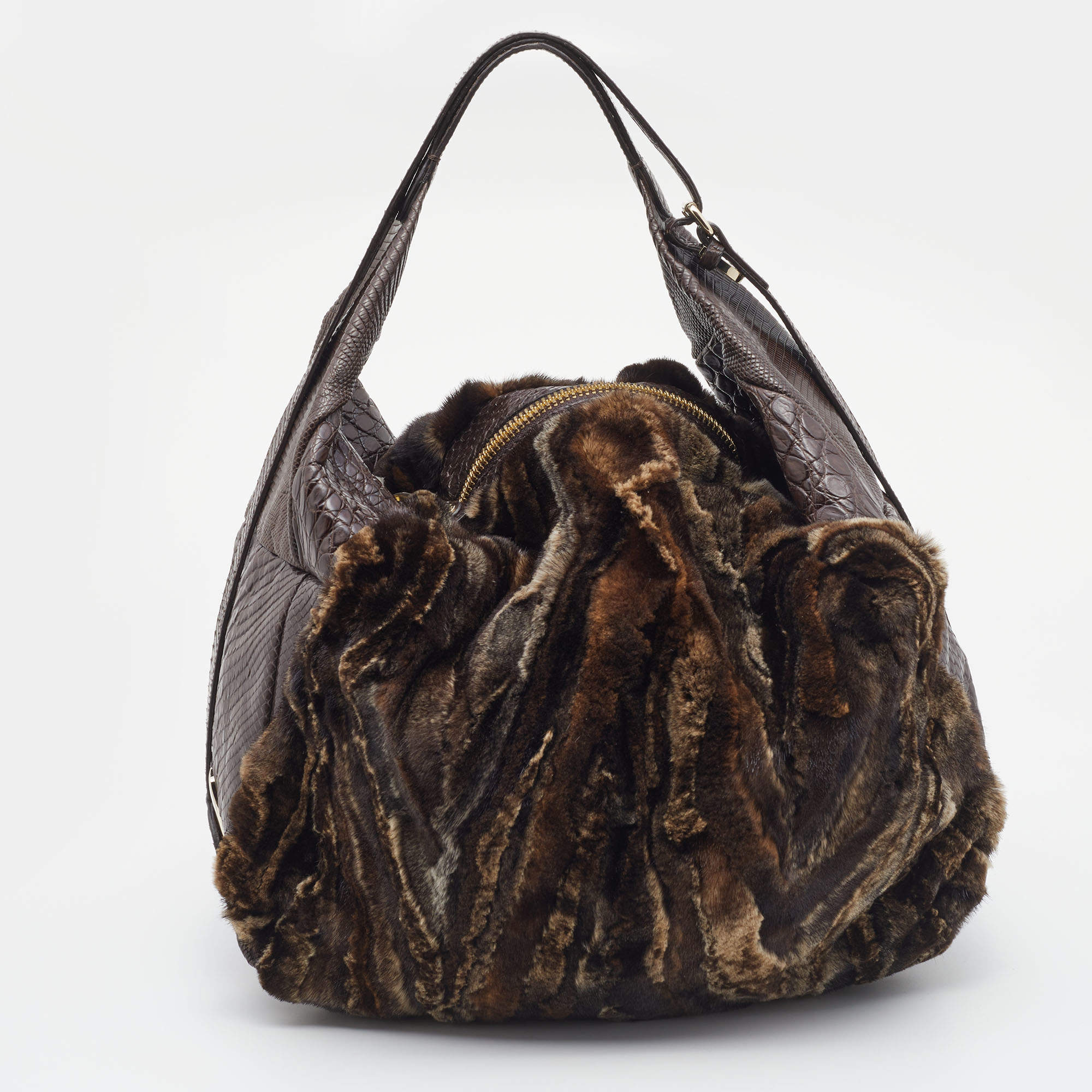 Pre Owned حقيبة هوبو جيمي تشو فرو وجلد نقشة الثعبان بني غامق