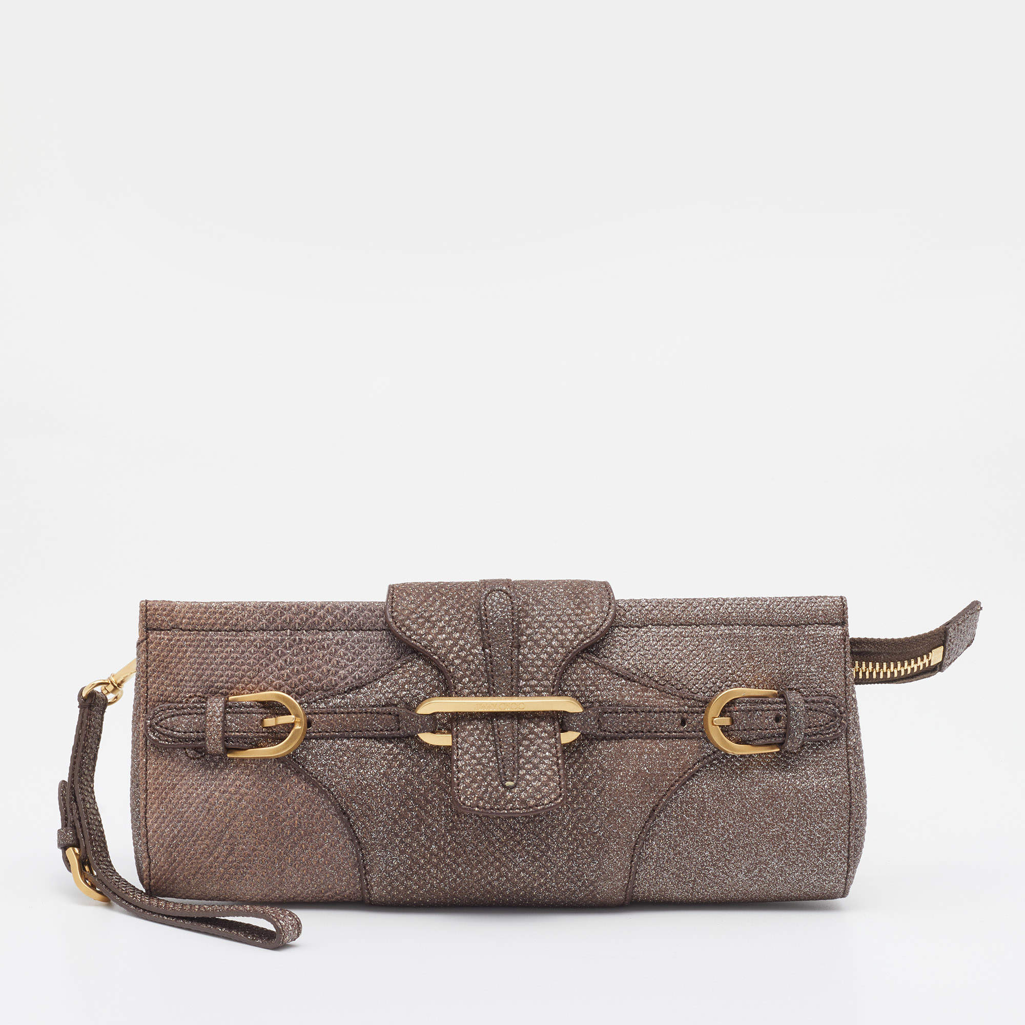 Pre Owned Jimmy Choo Metallic Brown Leather Tulita Wristlet Clutch