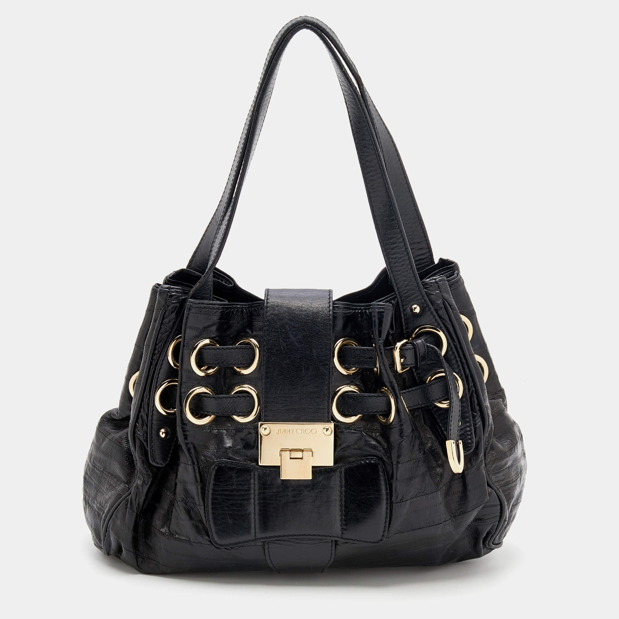 Luxury handbag - Jimmy Choo black leather purse bag with metallic studs