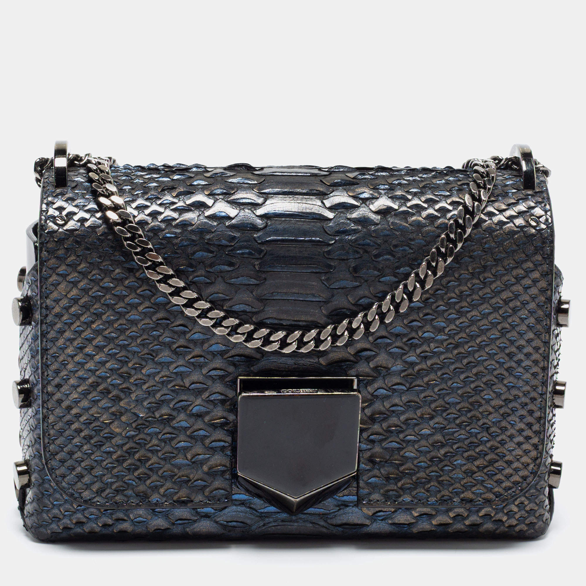 Pre Owned Jimmy Choo Metallic Blue Python and Leather Lockett City Shoulder Bag
