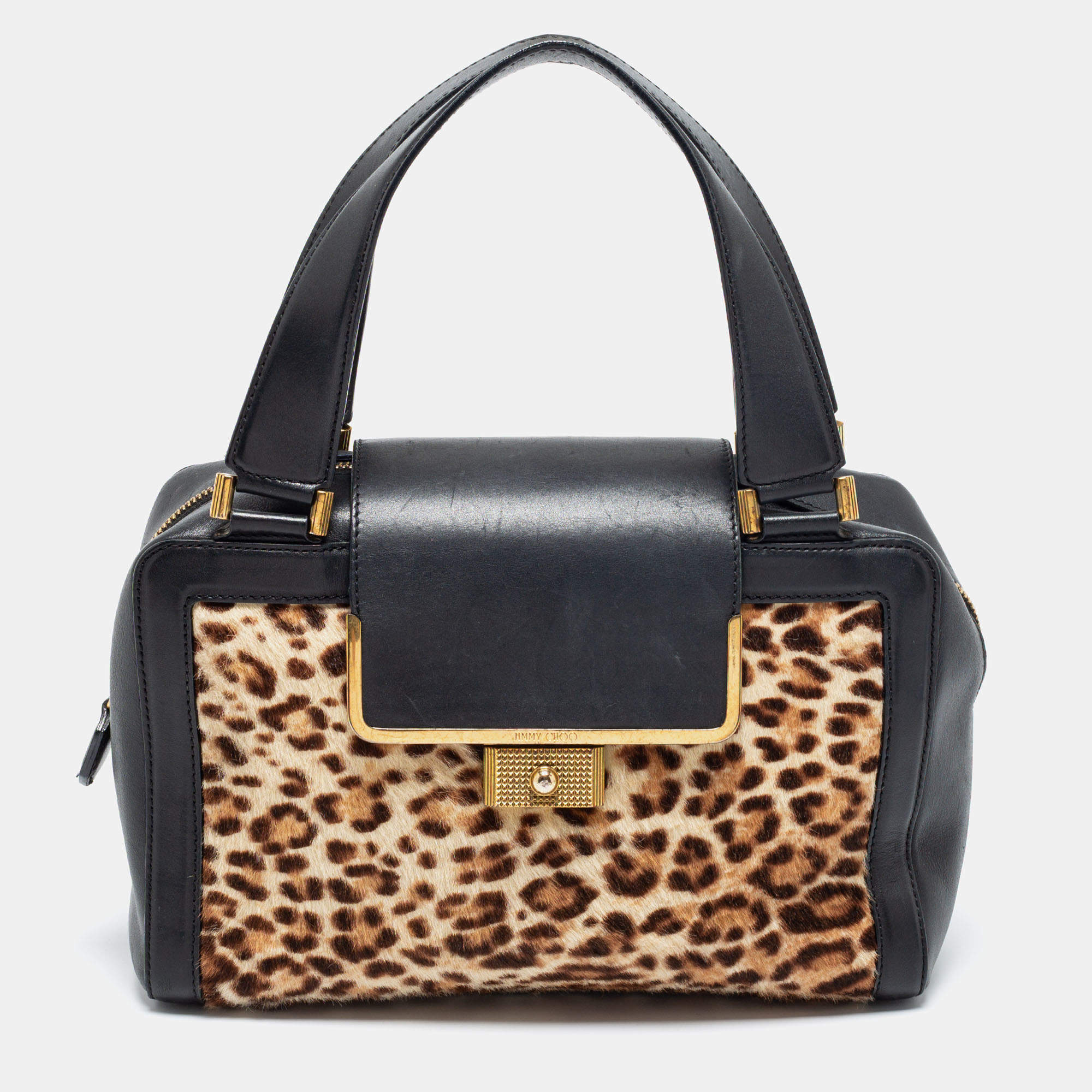 Jimmy Choo Black/Brown Leopard Print Calfhair and Leather Catherine Satchel