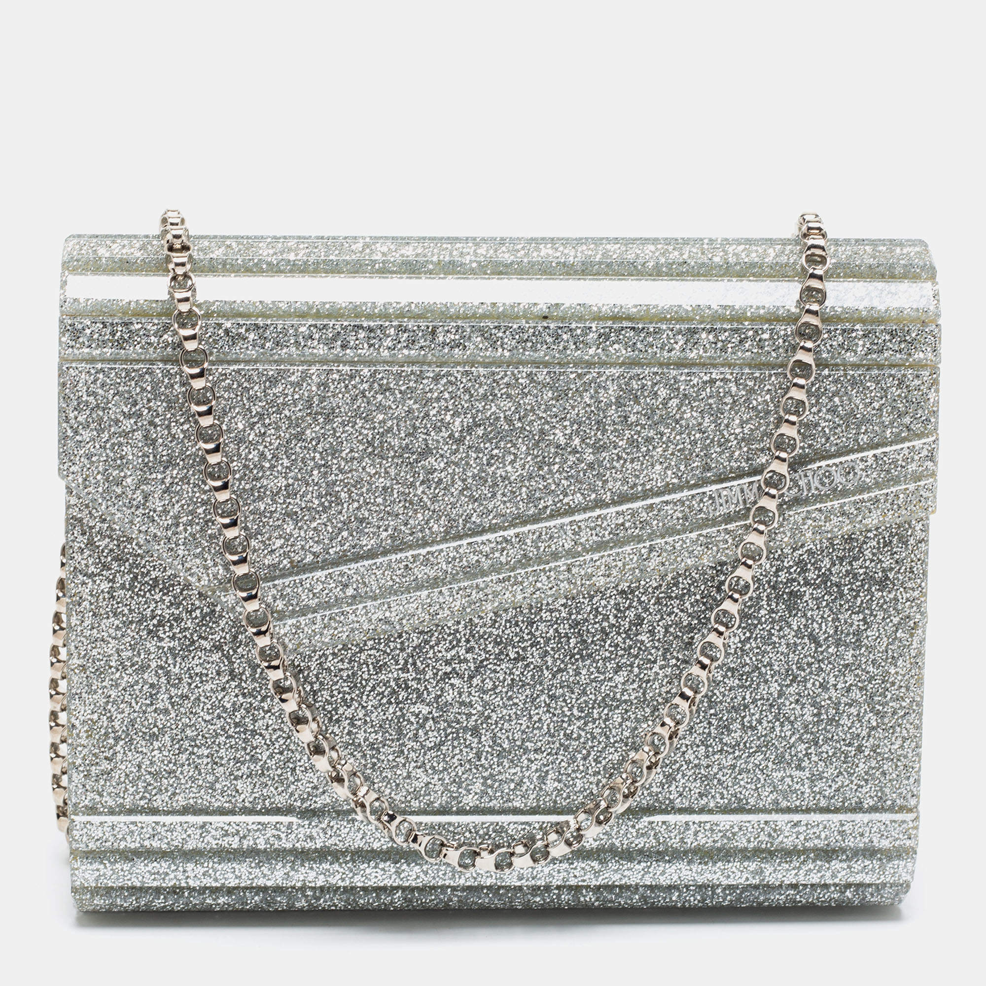 مملوكة مسبقًا Jimmy Choo Silver Glitter Acrylic Candy Chain Clutch