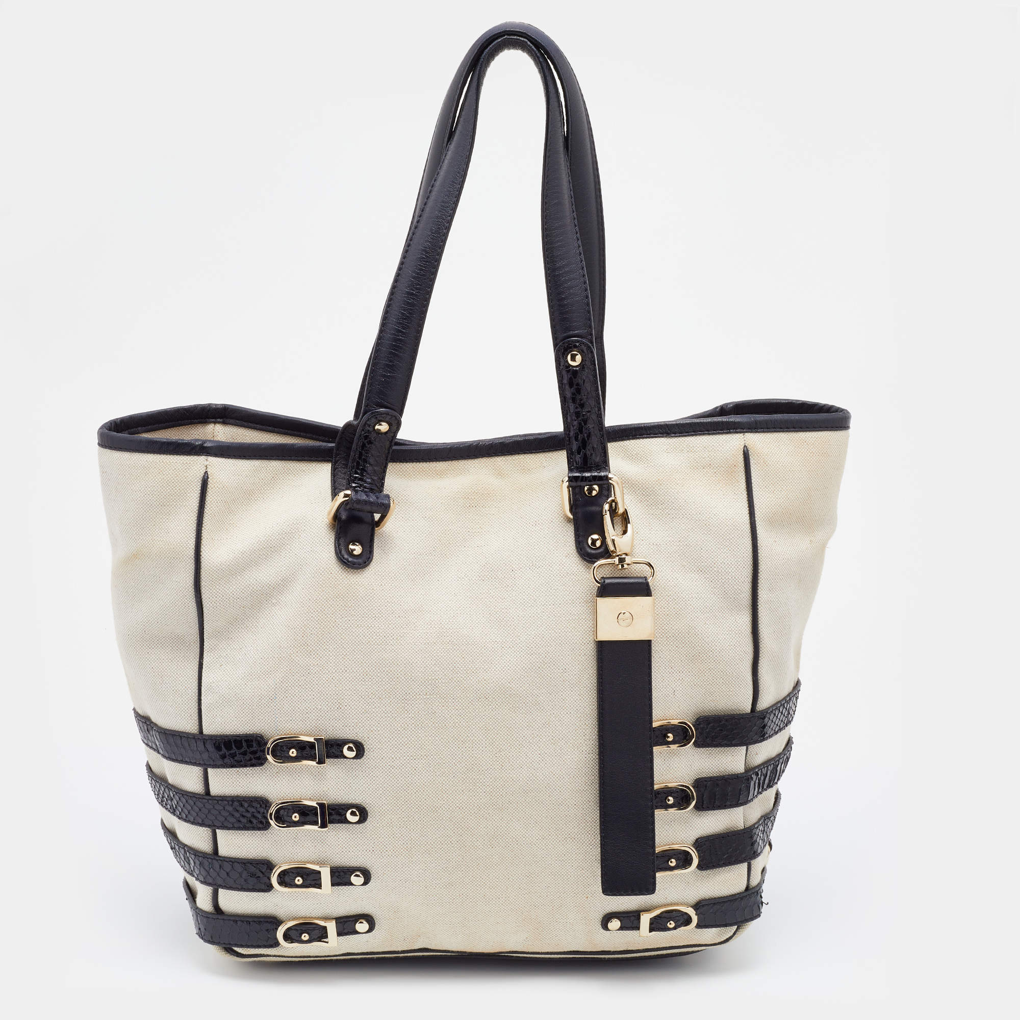 Pre Owned Jimmy Choo Cream/Black Canvas and Snakeskin Babeth Tote