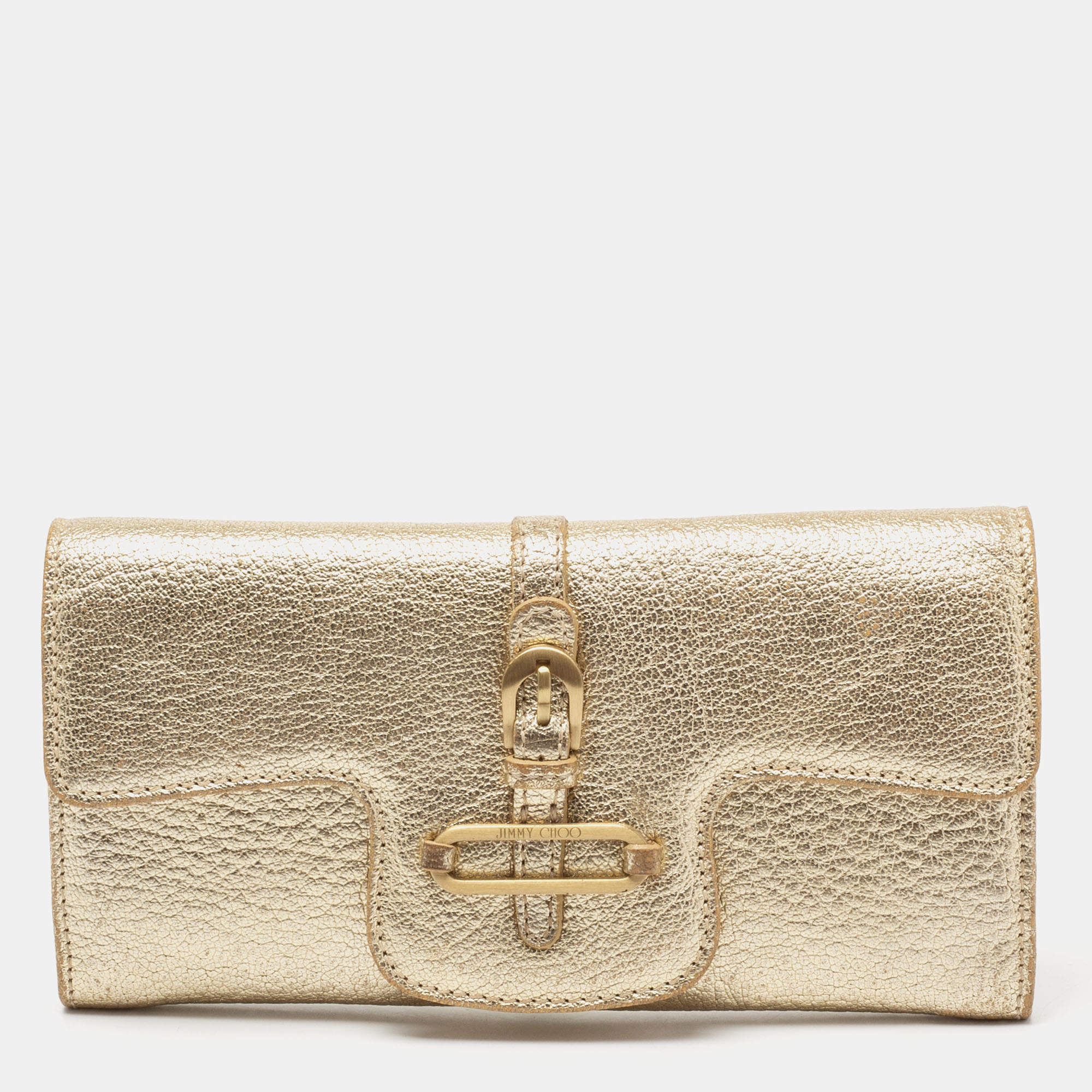 Pre Owned Jimmy Choo Metallic Gold Leather Flap Wallet