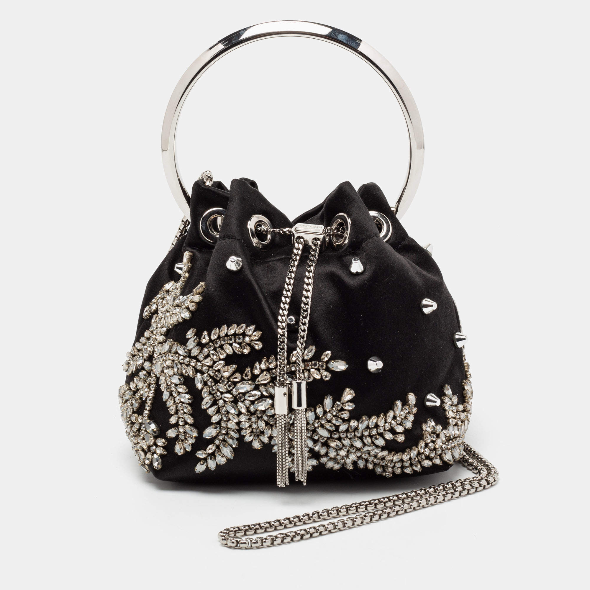 Pre Owned Jimmy Choo Black Satin Bon Bon Crystal Embellished Bucket Bag