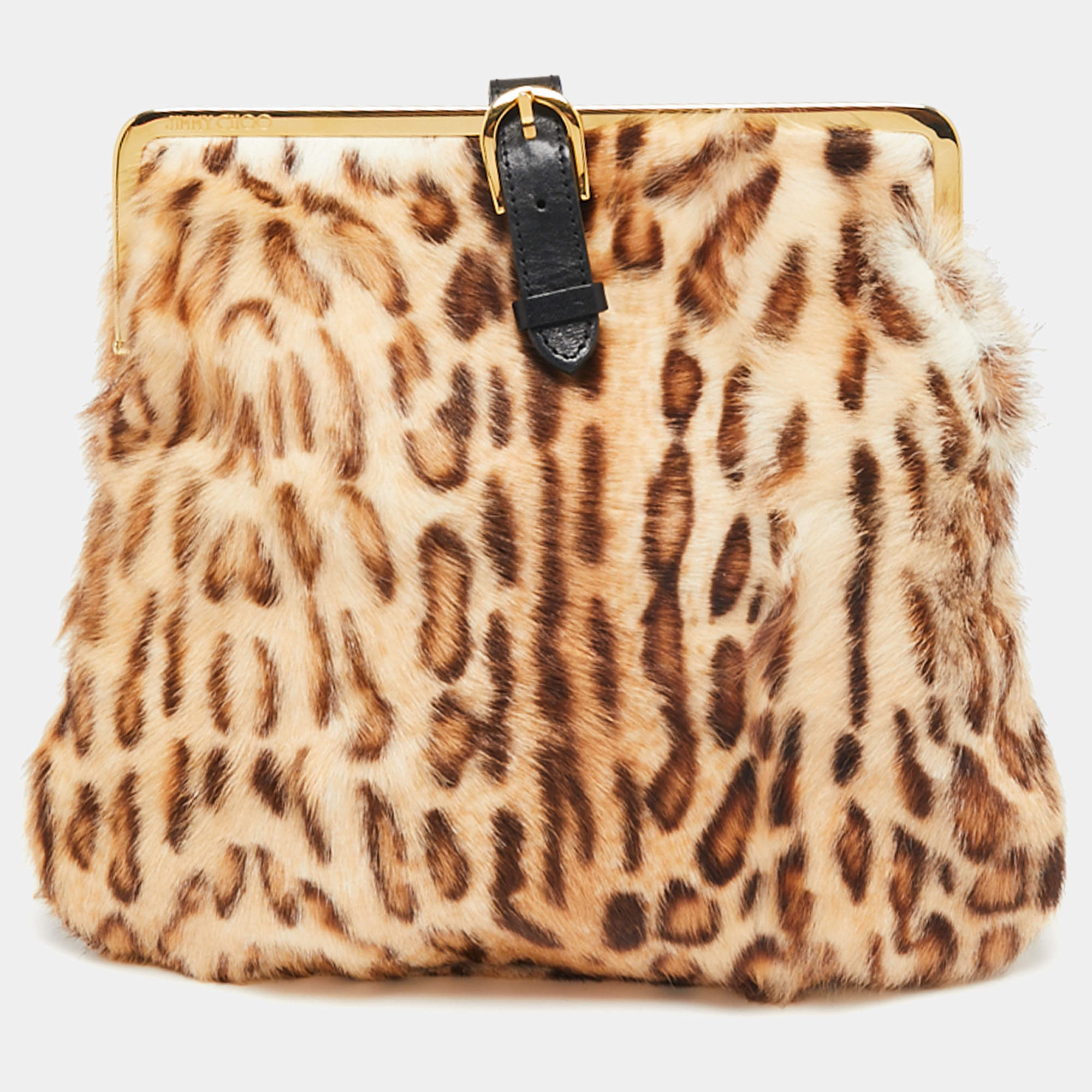 Pre Owned Jimmy Choo Beige/Brown Leopard Print Calf Hair Frame Foldover Clutch