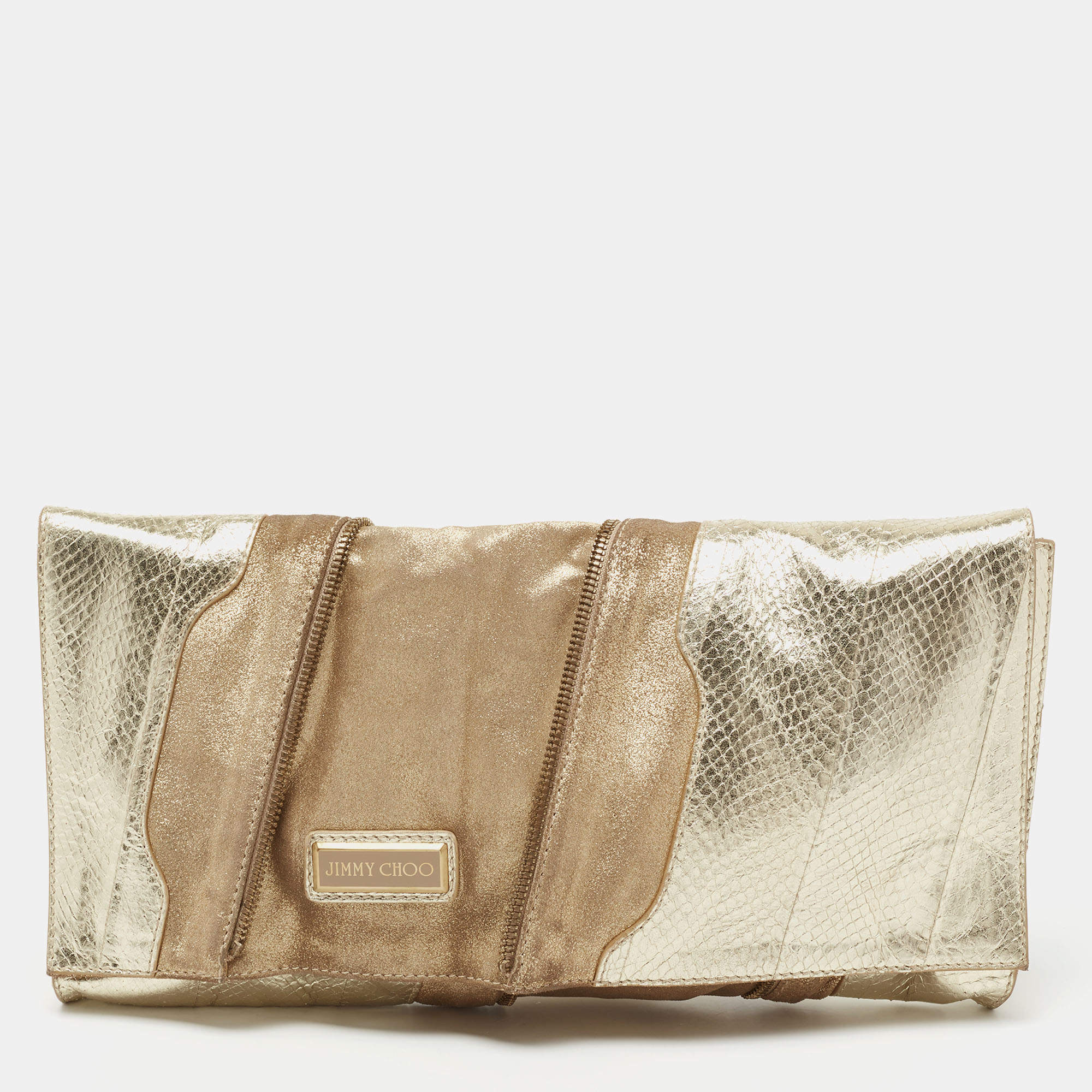 مملوكة مسبقًا Jimmy Choo Metallic Gold Snakeskin Embossed Leather and Suede Flap Clutch