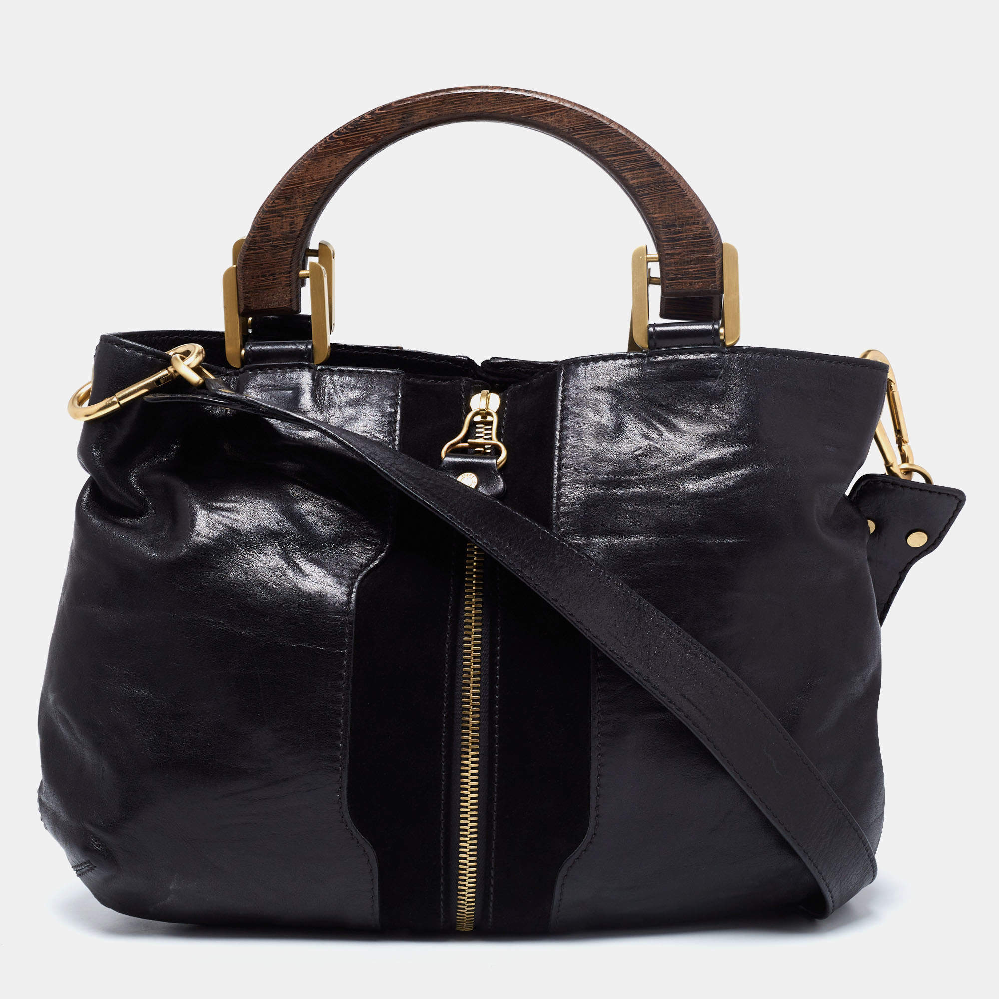Jimmy Choo Black Leather and Suede Expandable Maia Top Handle bag