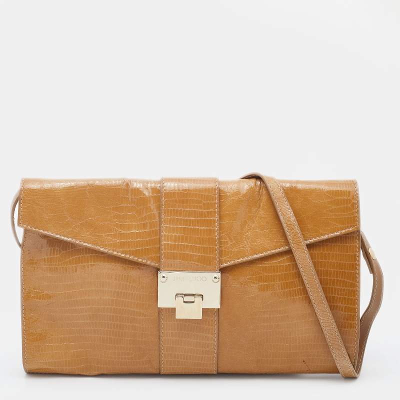 Pre Owned Jimmy Choo Beige Lizard Embossed Patent Leather Carolina Flap Shoulder Bag