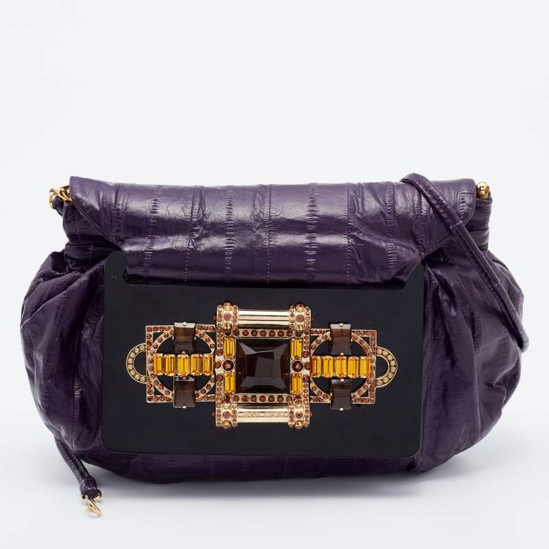 Pre Owned Jimmy Choo Purple Eel Leather Crystal Embellished Clutch