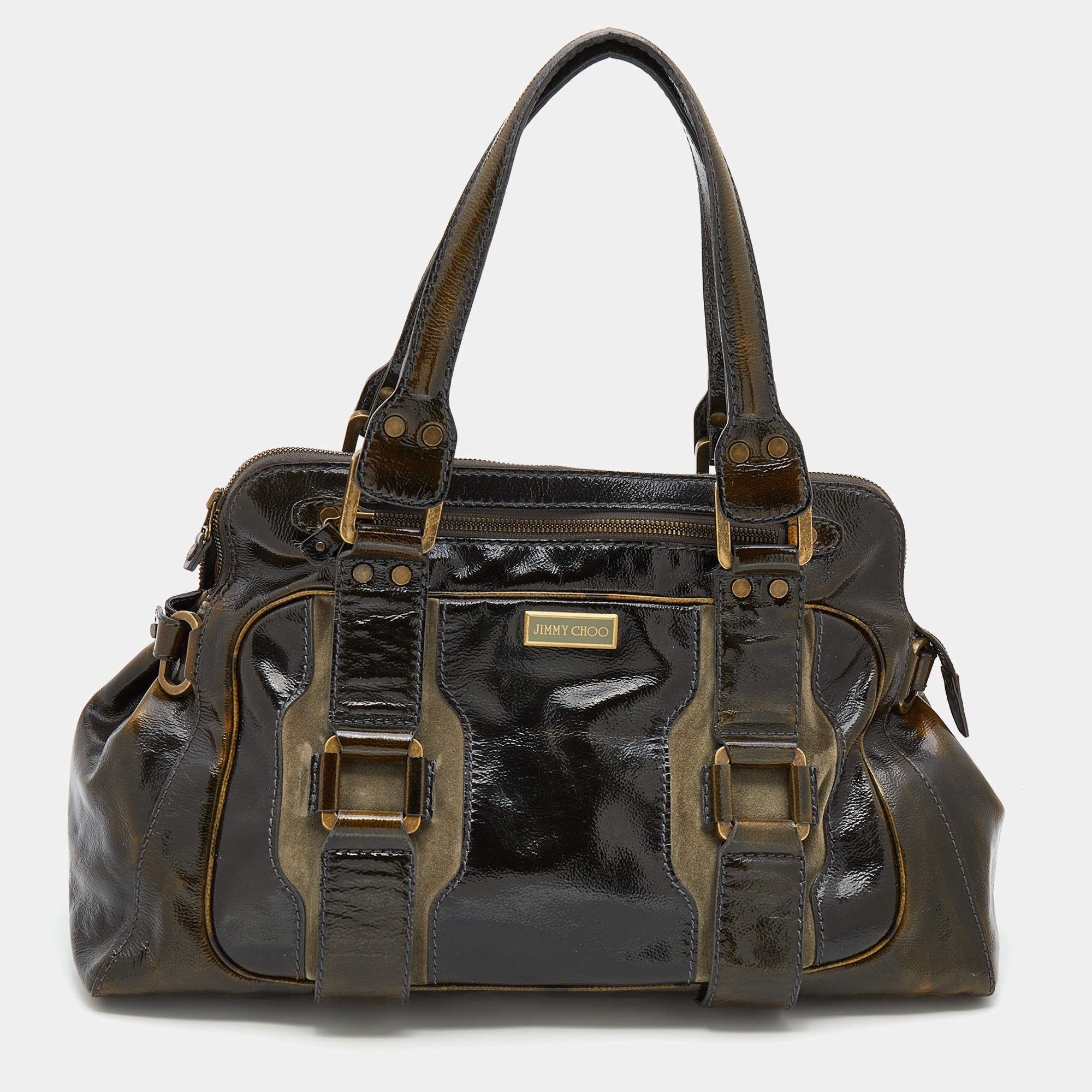 Jimmy Choo Dark Olive Patent Leather and Suede Malena Satchel