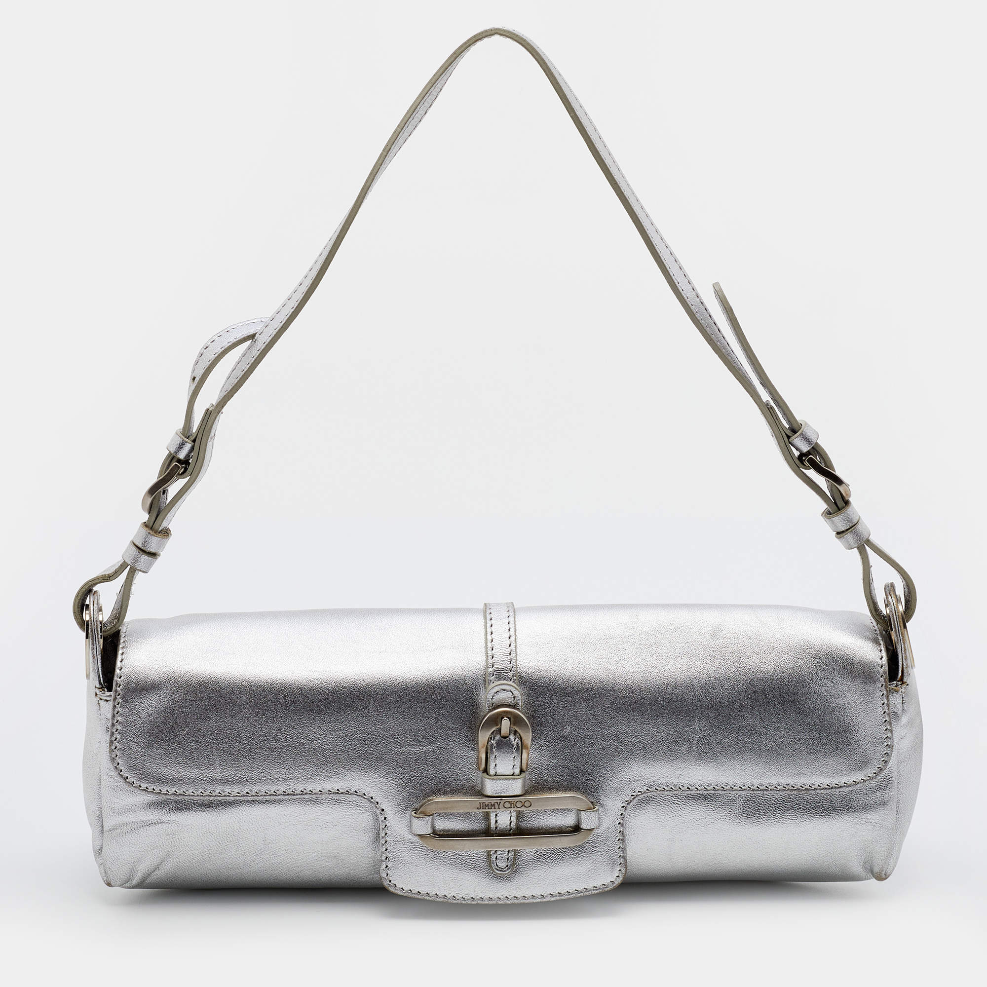 Pre Owned Jimmy Choo Metallic Silver Leather Tulita Pochette