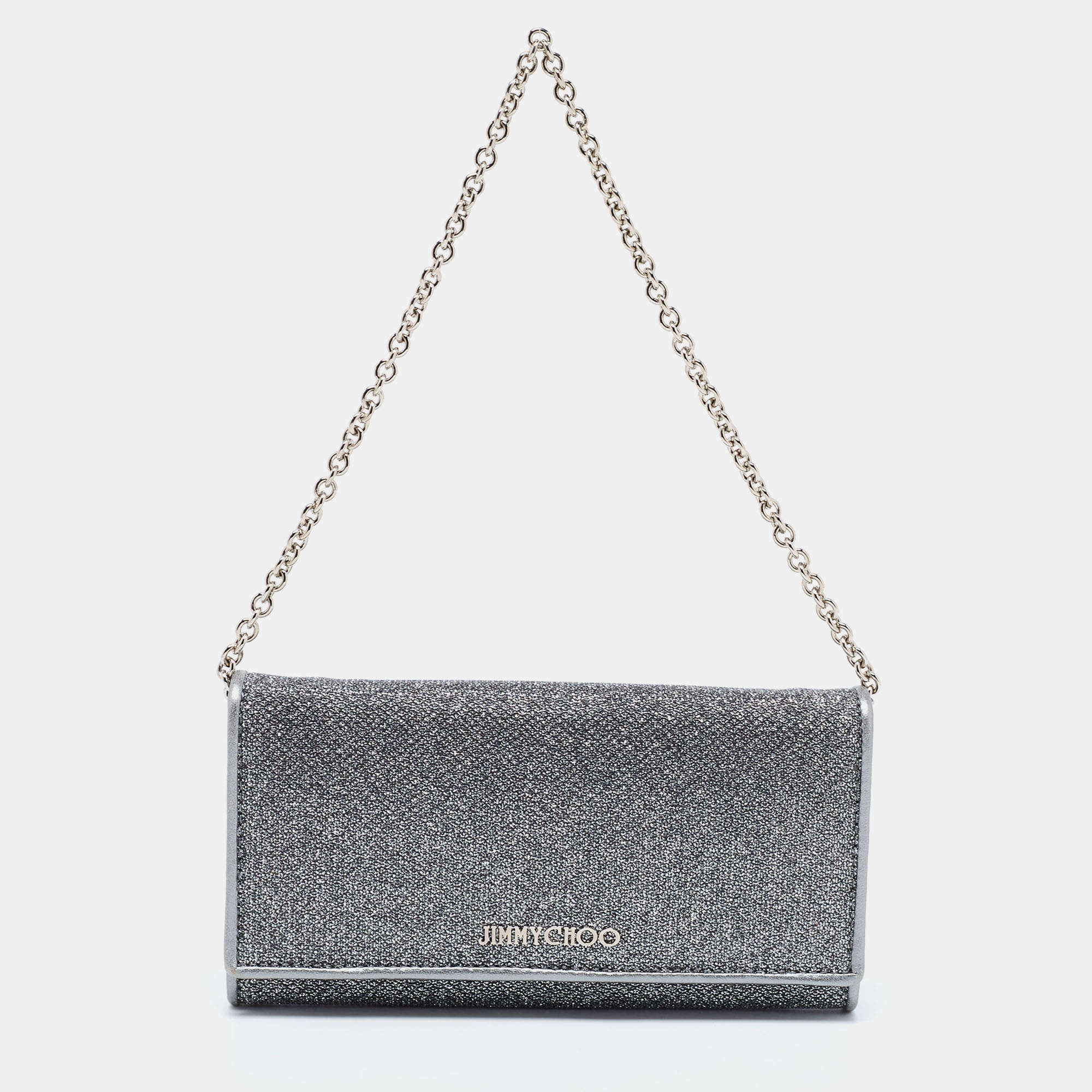 Pre Owned Jimmy Choo Metallic/Silver Glitter and Leather Flap Wallet on Chain