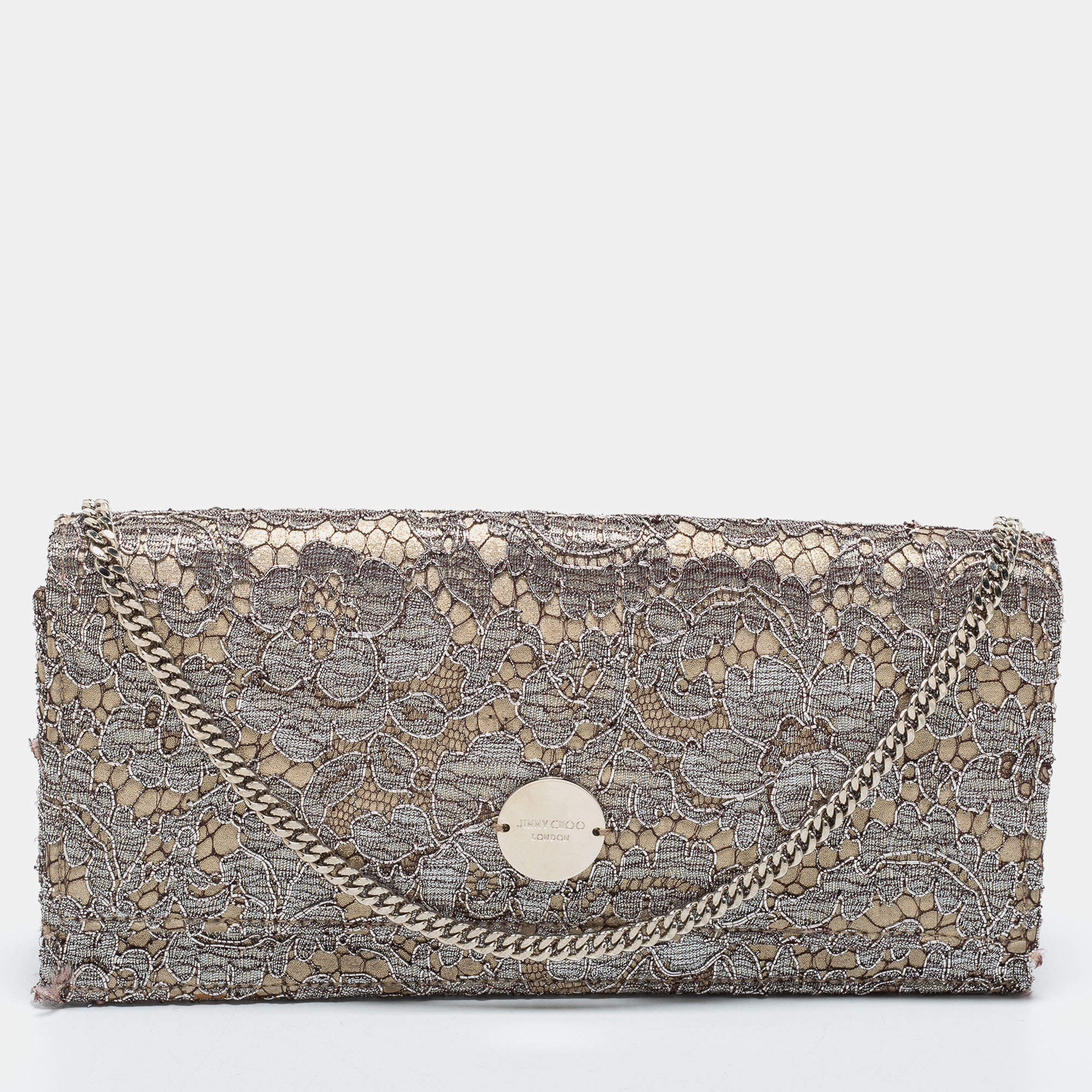 Pre Owned Jimmy Choo Metallic Silver/Gold Lace Chain Clutch