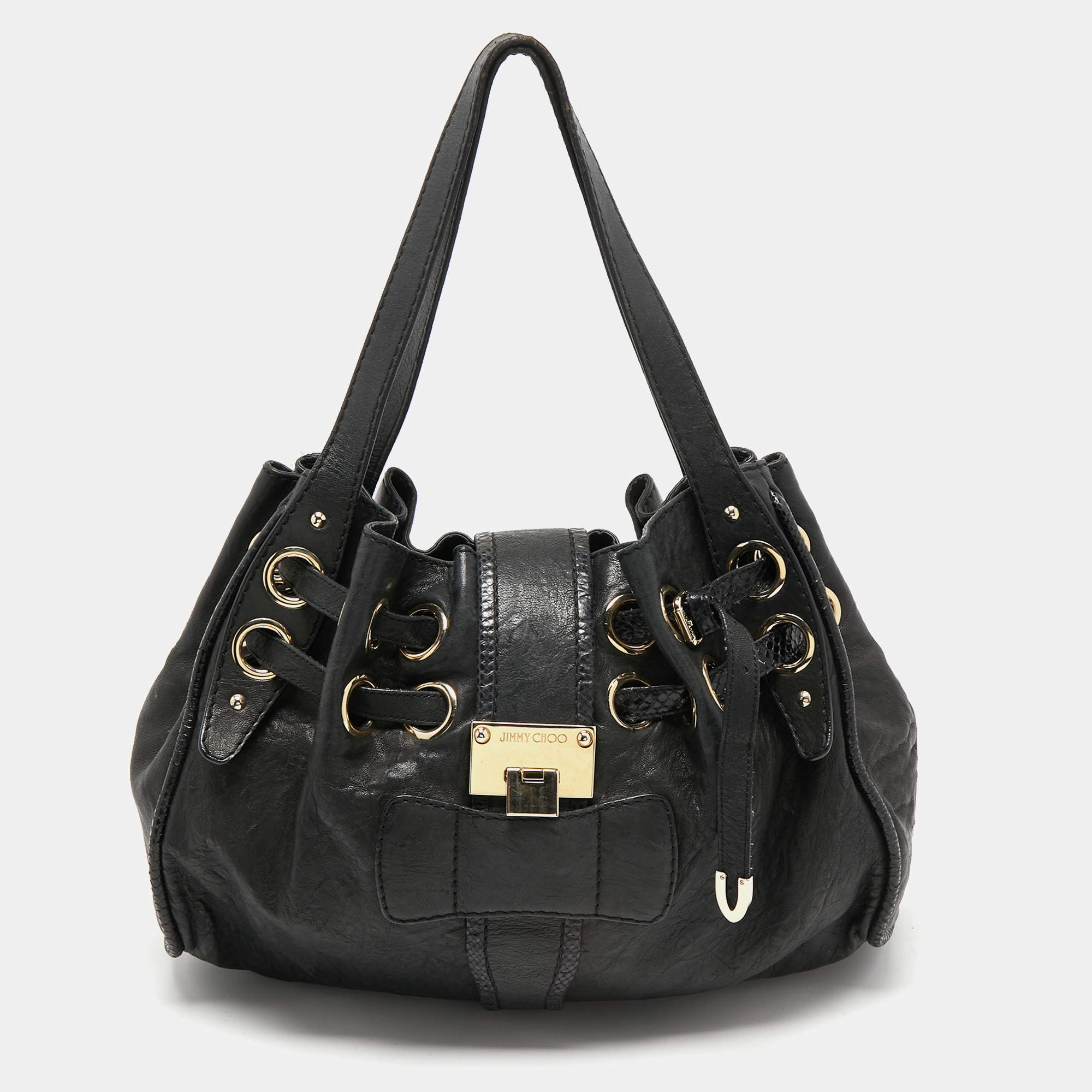 Pre Owned Jimmy Choo Black Leather and Snakeskin Ramona Shoulder Bag