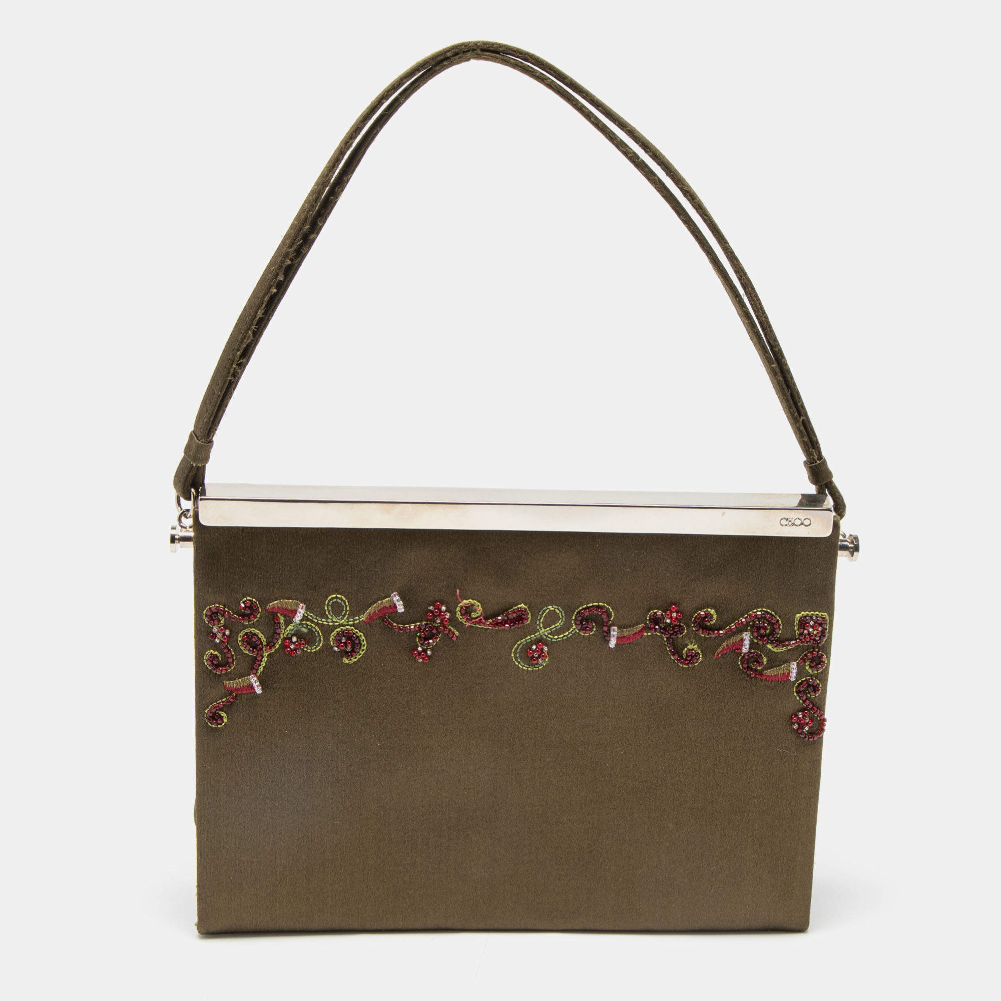 Pre Owned Jimmy Choo Olive Green Satin Frame Beaded Evening Bag