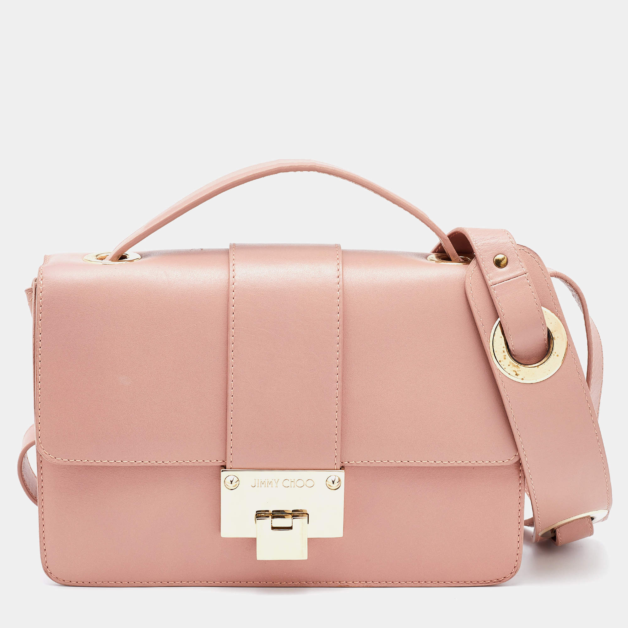 Pre Owned Jimmy Choo Pink Leather Rebel Flap Top Handle Bag