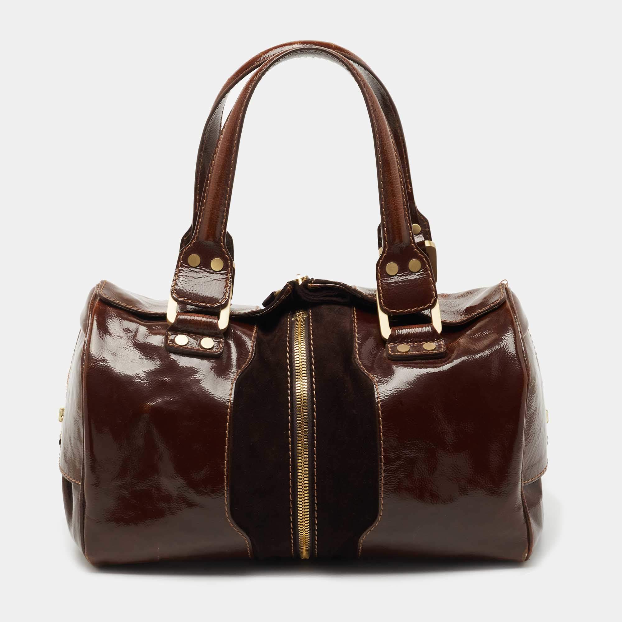 Pre Owned Jimmy Choo Brown Patent Leather and Suede Large Marla Bag