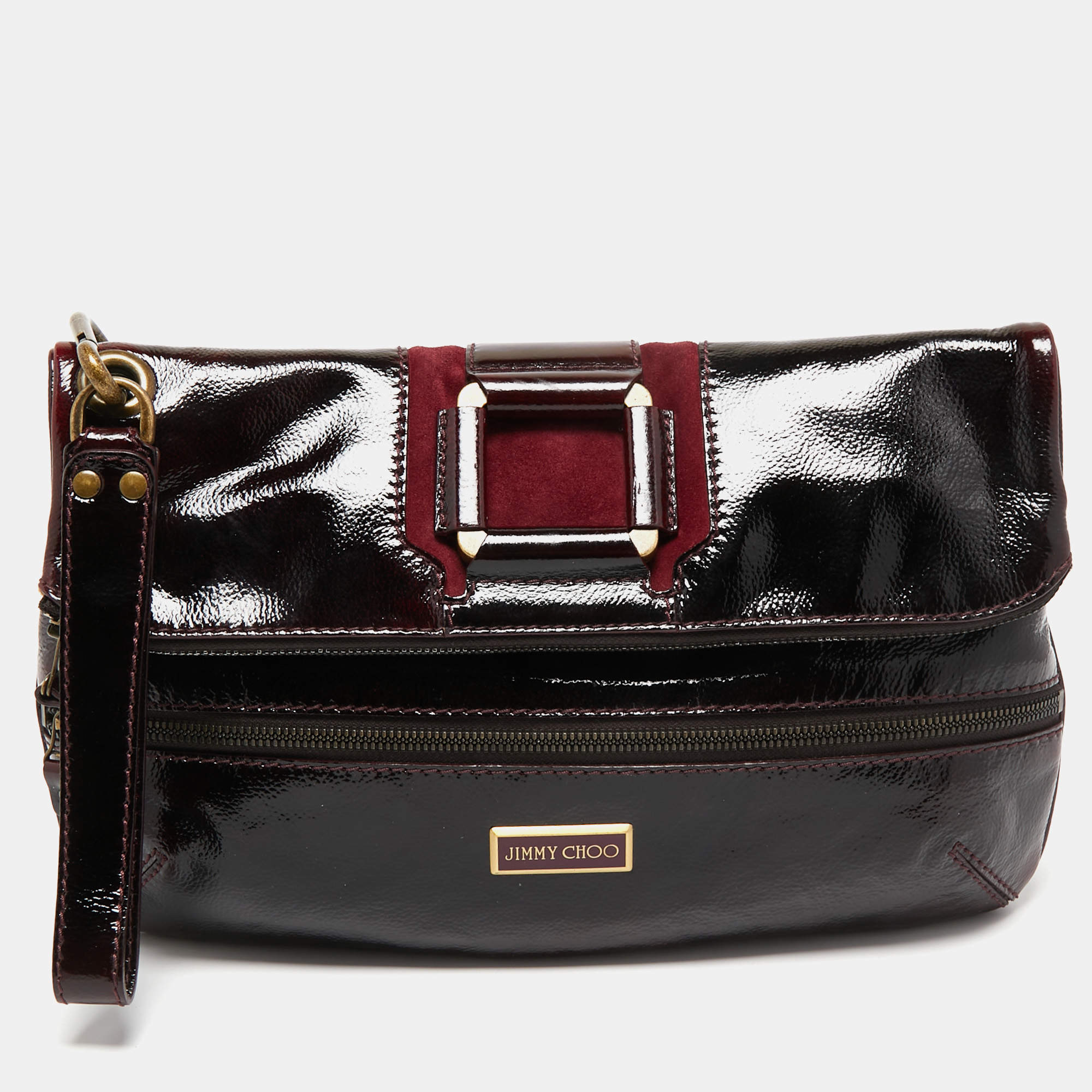 Pre Owned Jimmy Choo Burgundy Patent Leather and Suede Mave Foldover Clutch