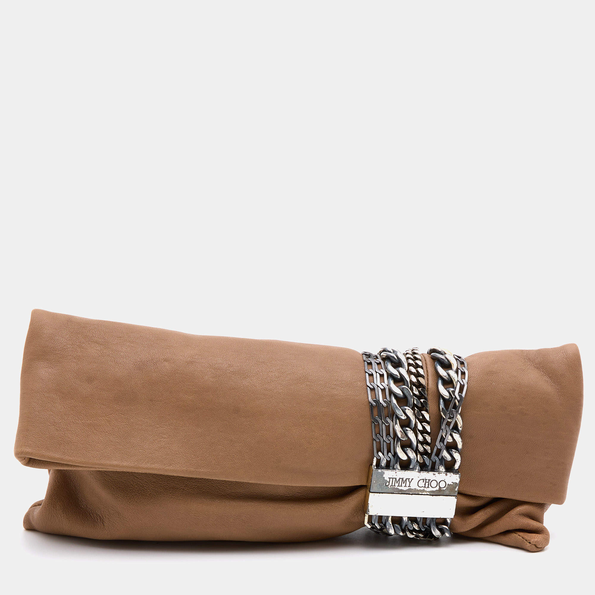 Jimmy Choo Beige Leather Chandra Fold over Clutch