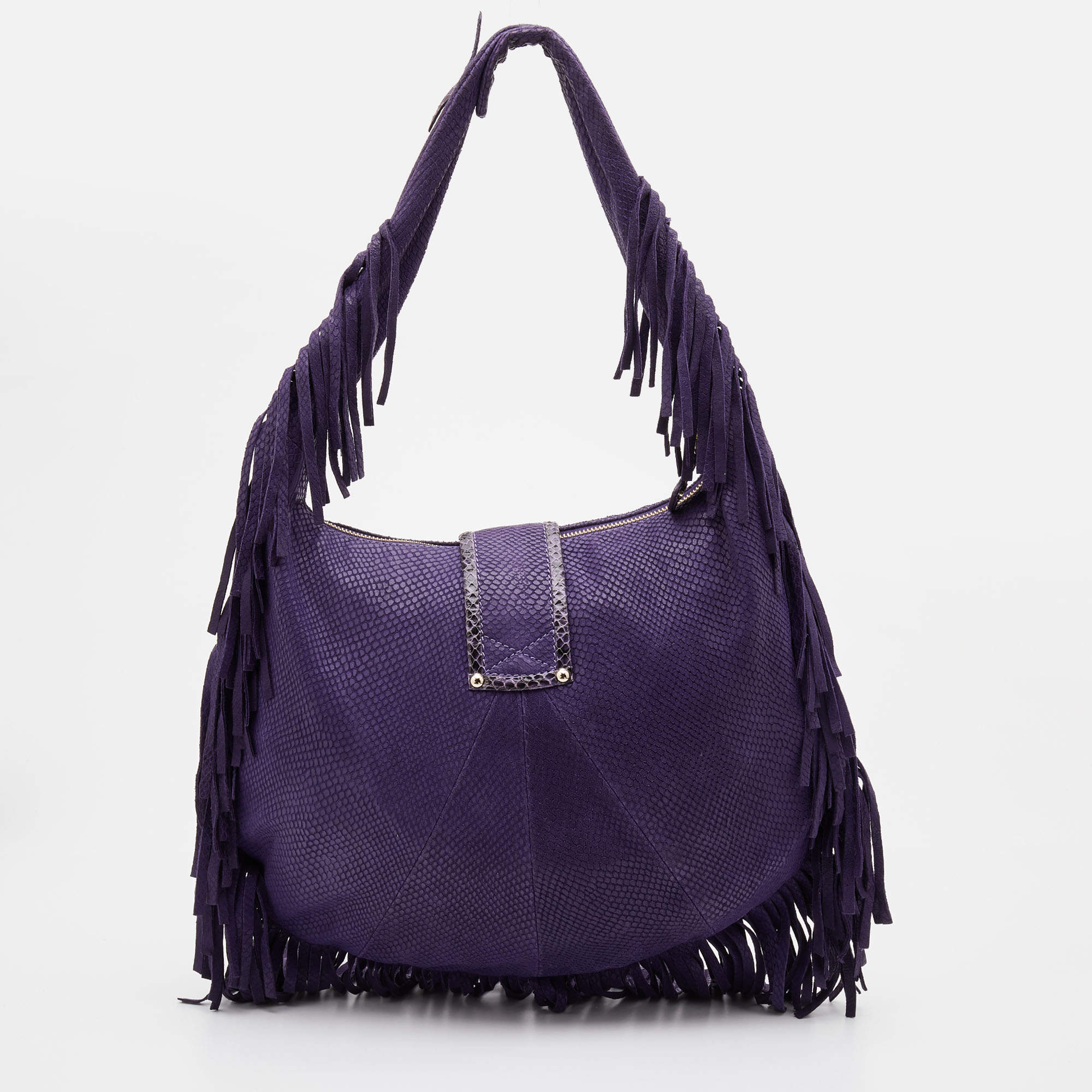 Jimmy Choo Purple Python Effect Leather Fringe Hobo