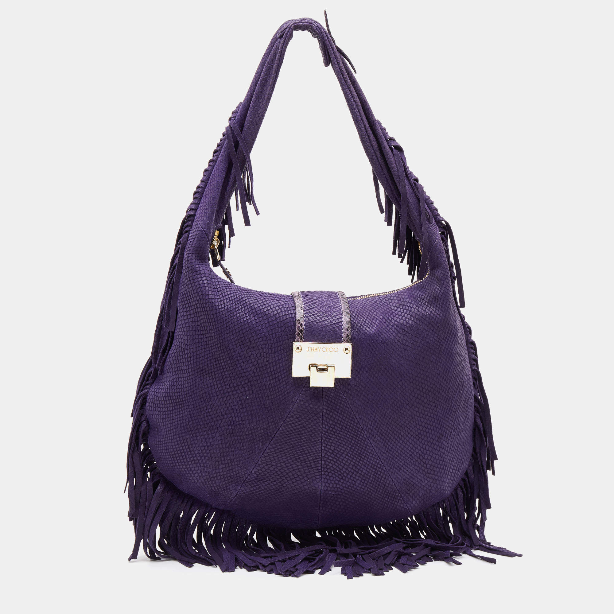 مملوكة مسبقًا Jimmy Choo Purple Python Effect Leather Fringe Hobo