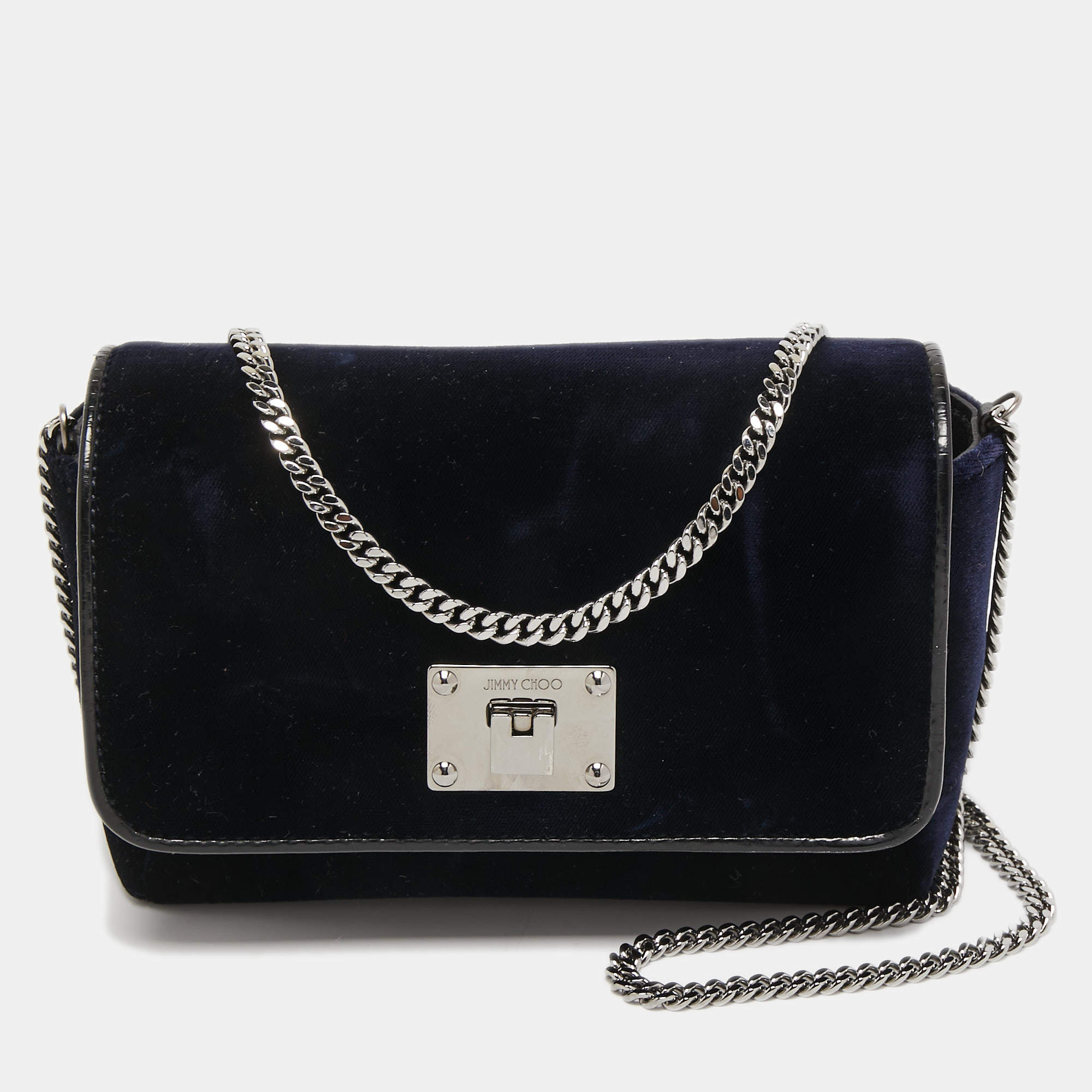 Pre Owned Jimmy Choo Blue Velvet Ruby Chain Crossbody Bag