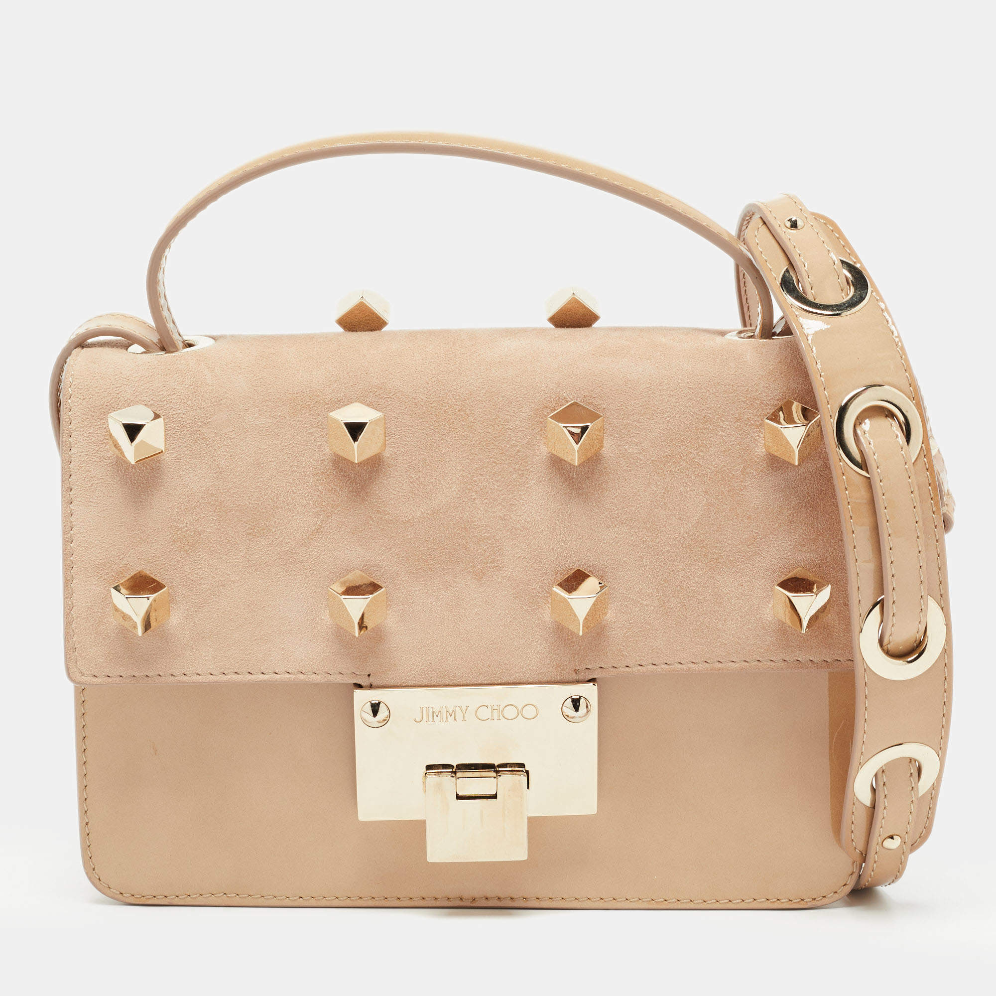 Pre Owned Jimmy Choo Beige Studded Patent Leather and Suede Top Handle Bag