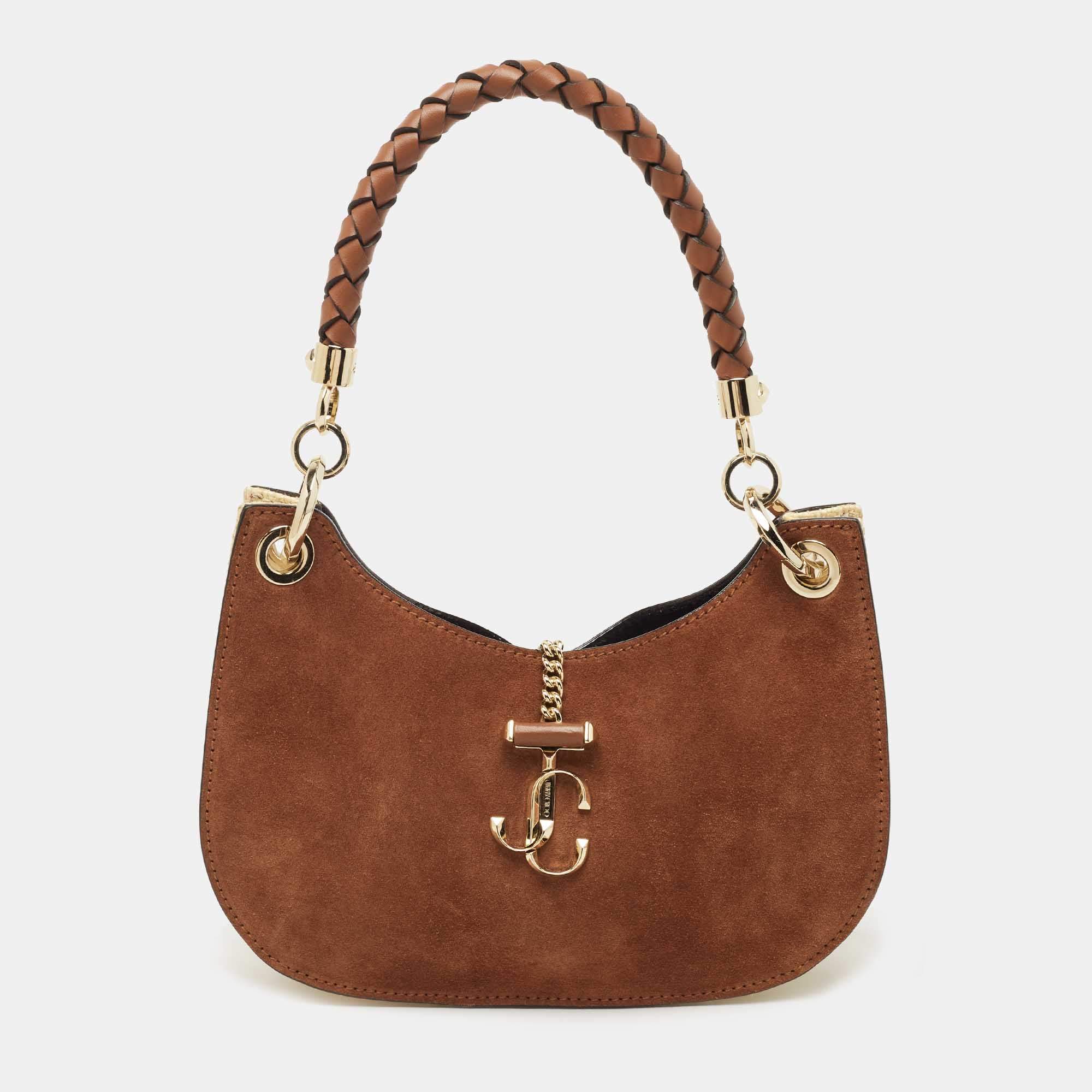 Jimmy Choo Brown Suede and Raffia Small Varenne Hobo