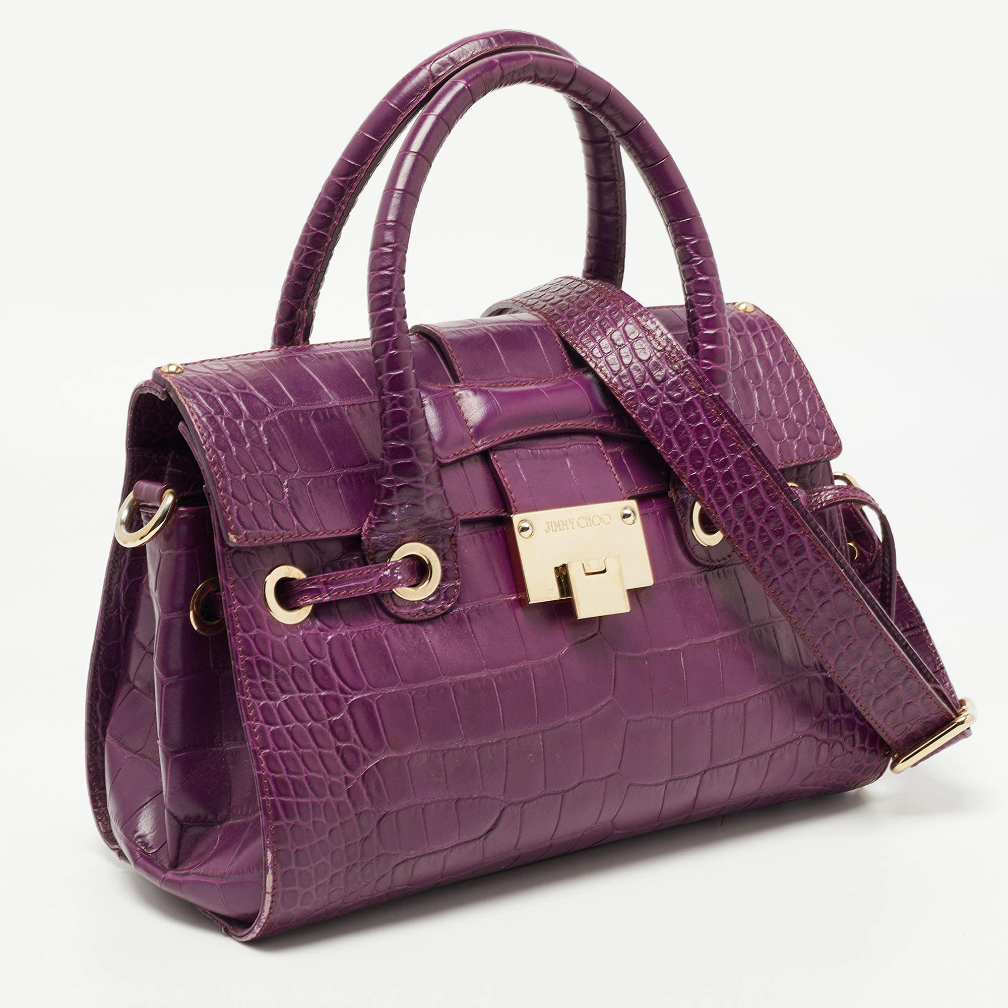 Pre Owned Jimmy Choo Purple Croc Embossed Leather Rosalie Satchel