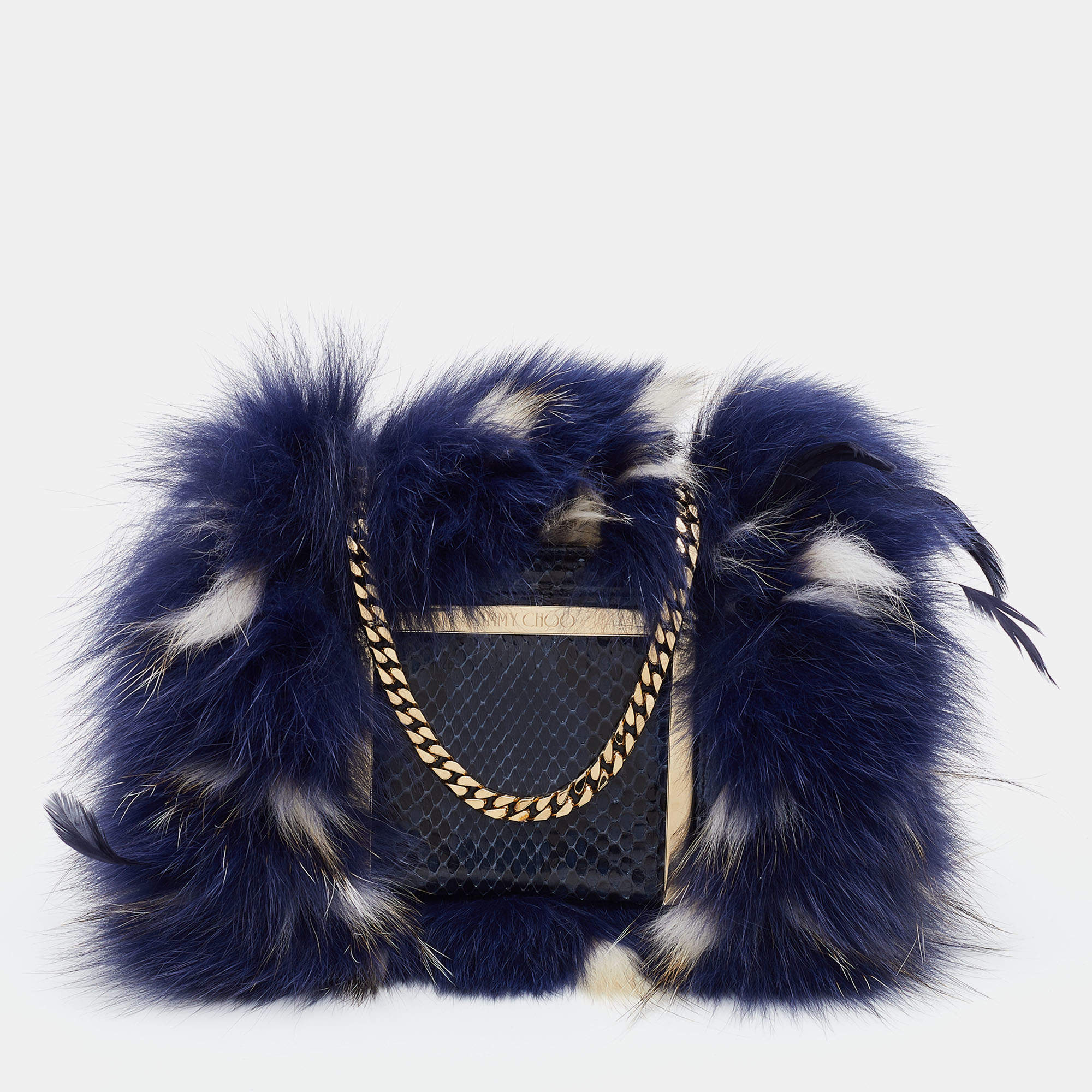 Jimmy Choo Blue Feathered Fox Fur and Python Ava Crossbody Bag