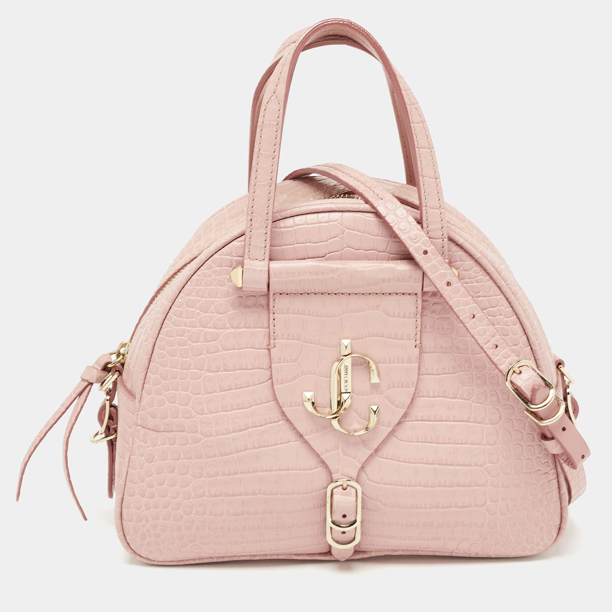 Pre Owned Jimmy Choo Pink Croc Embossed Leather Small Varenne Bowler Bag