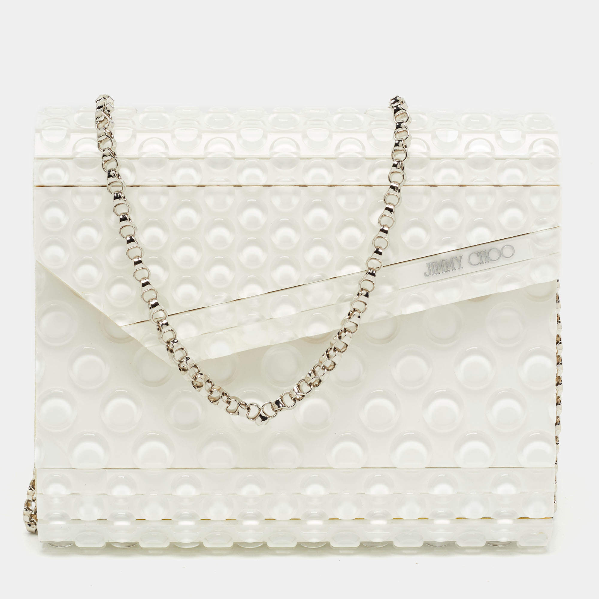 Pre Owned Jimmy Choo White Bubble Wrap Acrylic Candy Chain Clutch